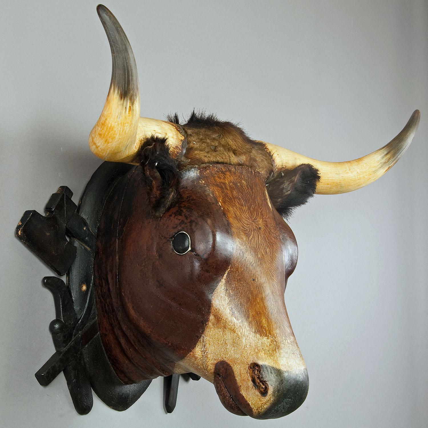 German Very Large Wooden Carved Bull Head from a Butchery ca. 1880 For Sale