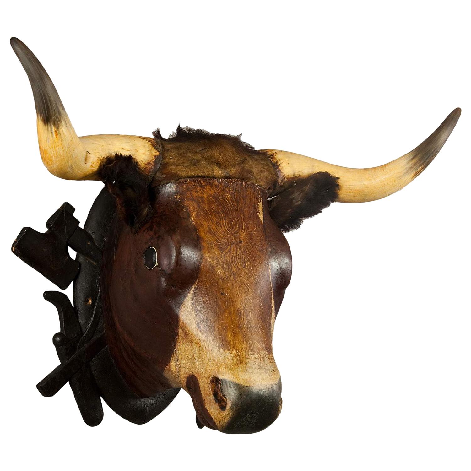 Very Large Wooden Carved Bull Head from a Butchery ca. 1880
