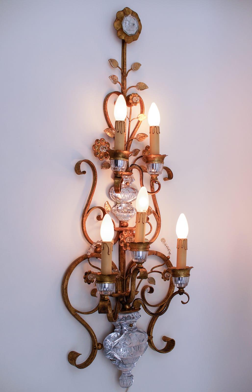 Italian Very Large Wrought Iron Wall Lamp Offset with Glass Crystals by BF Italy For Sale