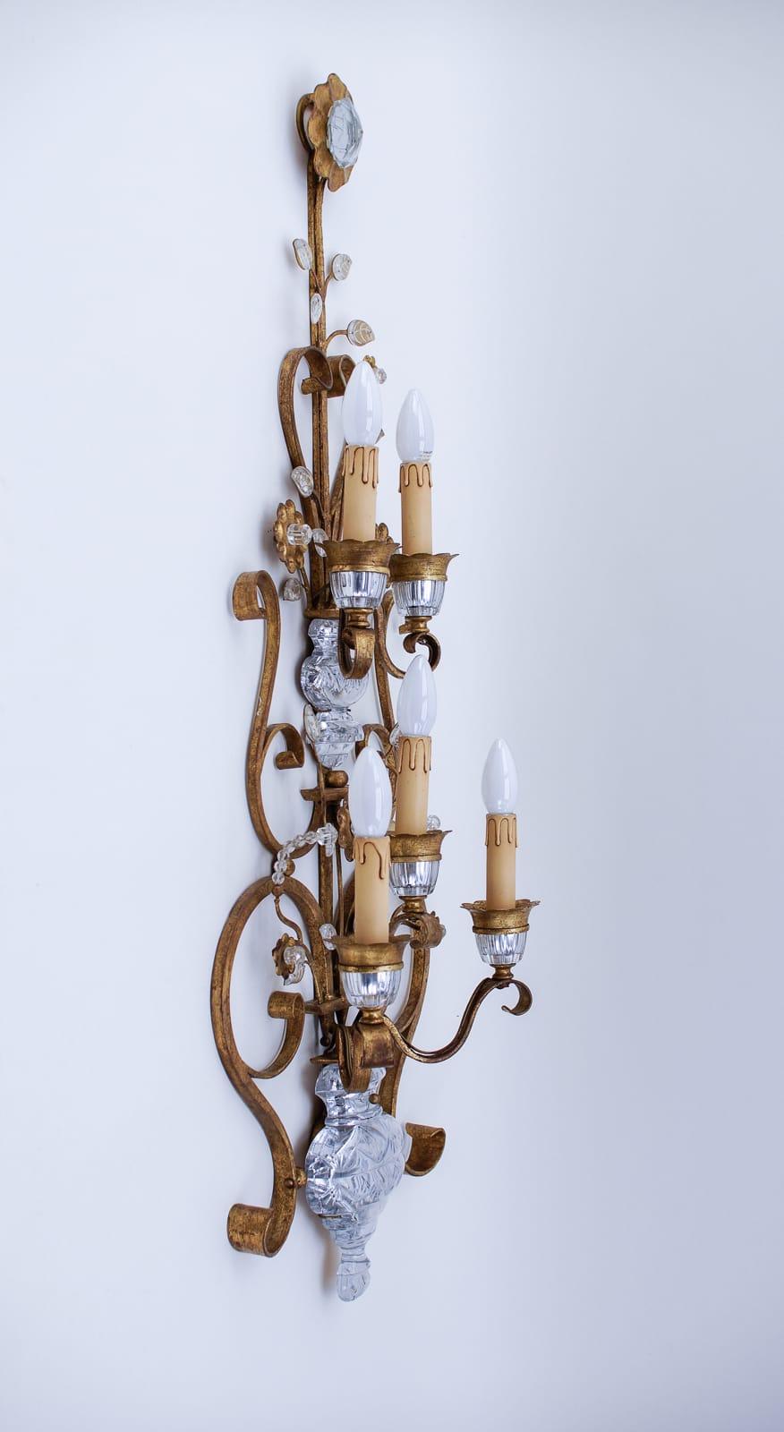 Very Large Wrought Iron Wall Lamp Offset with Glass Crystals by BF Italy In Good Condition For Sale In Nürnberg, Bayern