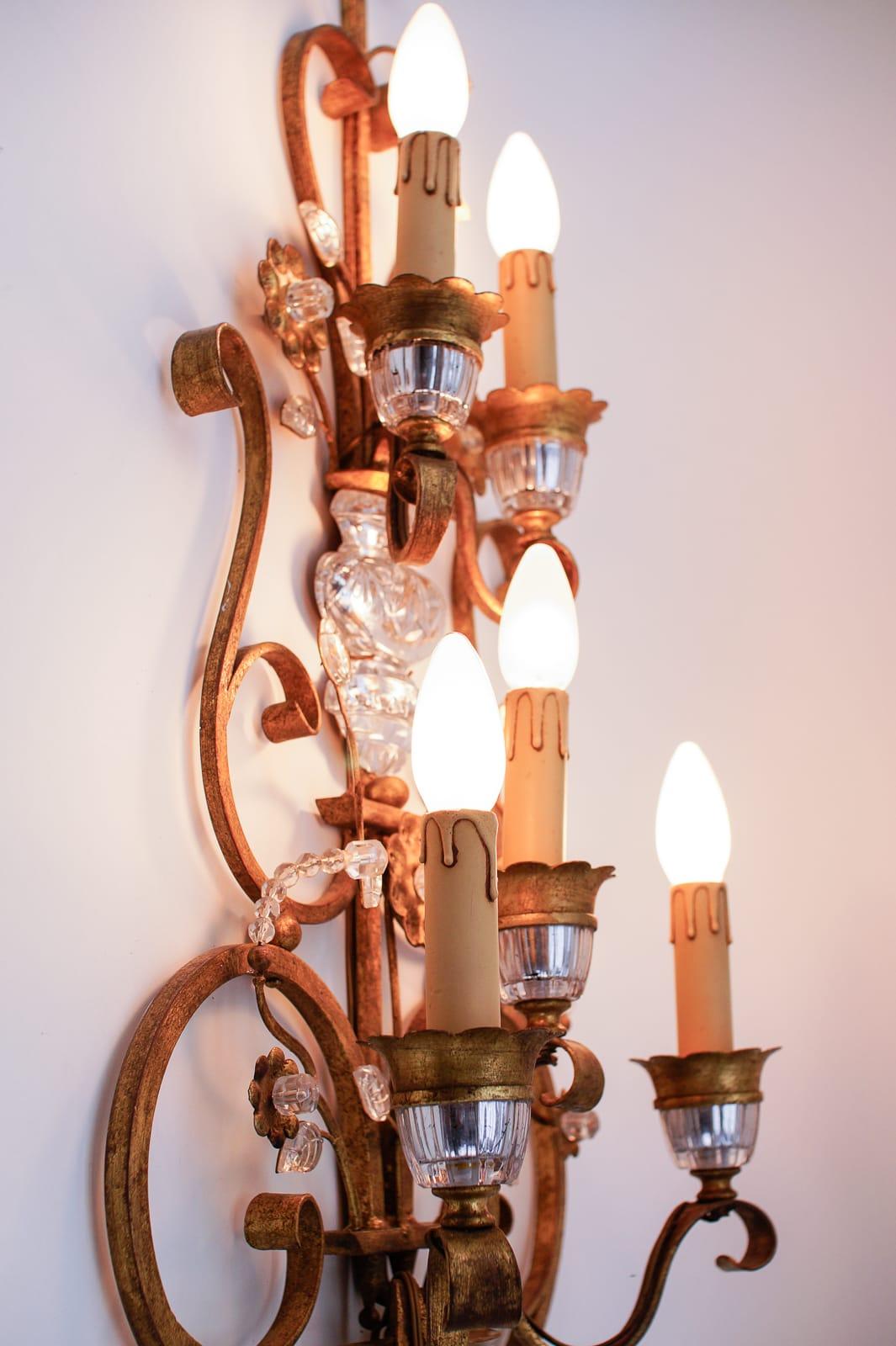 Mid-20th Century Very Large Wrought Iron Wall Lamp Offset with Glass Crystals by BF Italy For Sale