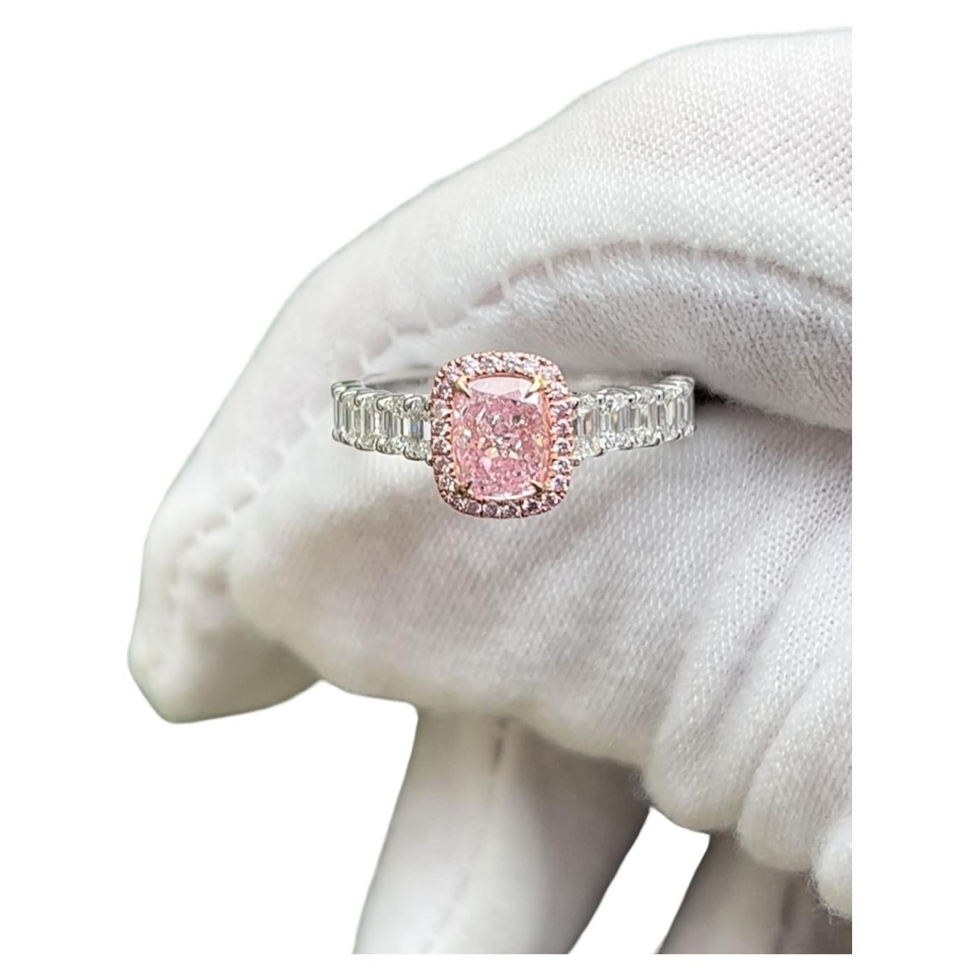 Very Light Pink Diamond Ring 1.03 Ct Type 2a GIA Long Cushion with Emeralds 18K