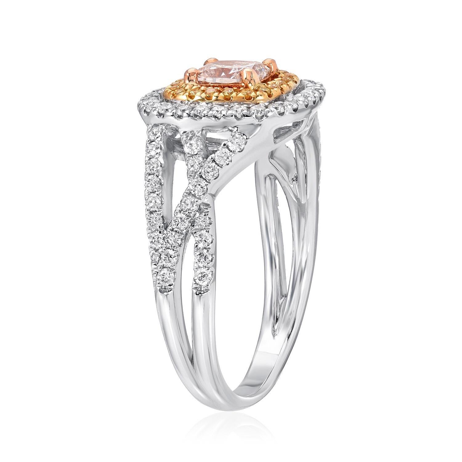 GIA certified 0.45 carat very light Pinkish Brown cushion cut diamond, surrounded by a round brilliant yellow diamond halo weighing a total of 0.09 carats, and adorned by a total of 0.46 carats of white round brilliant diamonds, all comprising this