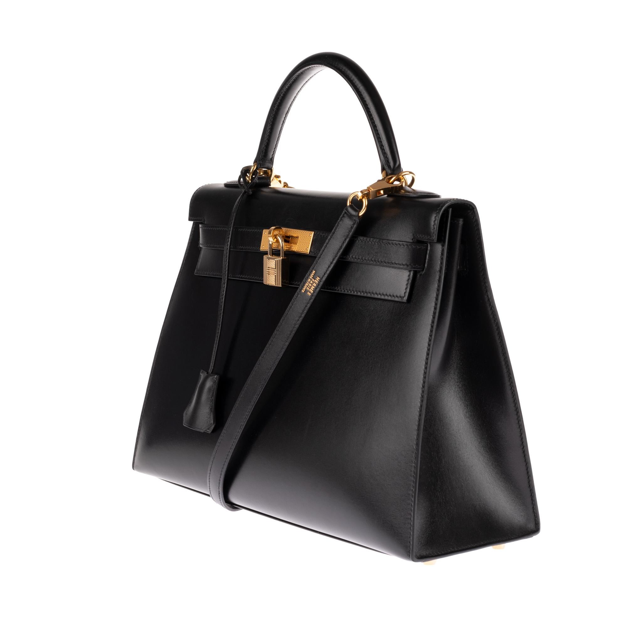 Black Very limited Handbag Hermès Kelly sellier 32 with strap in black calfskin, GHW!