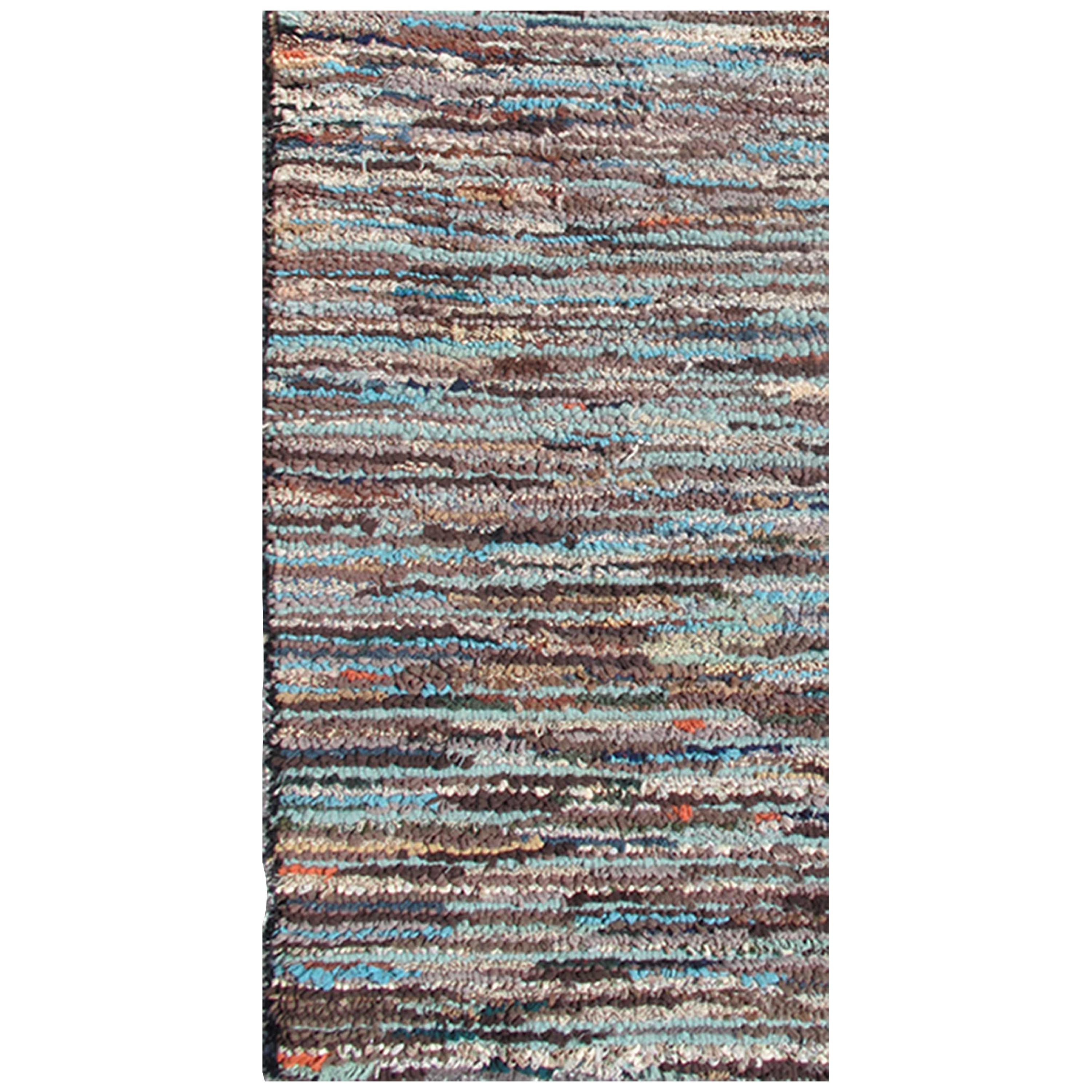 Very Long American Hooked Runner with Variegated Design in Blue, Brown and Taupe For Sale