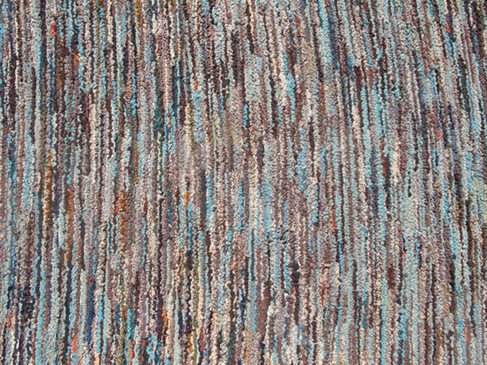 Hand-Woven Very Long American Hooked Runner with Variegated Design in Blue, Brown and Taupe For Sale