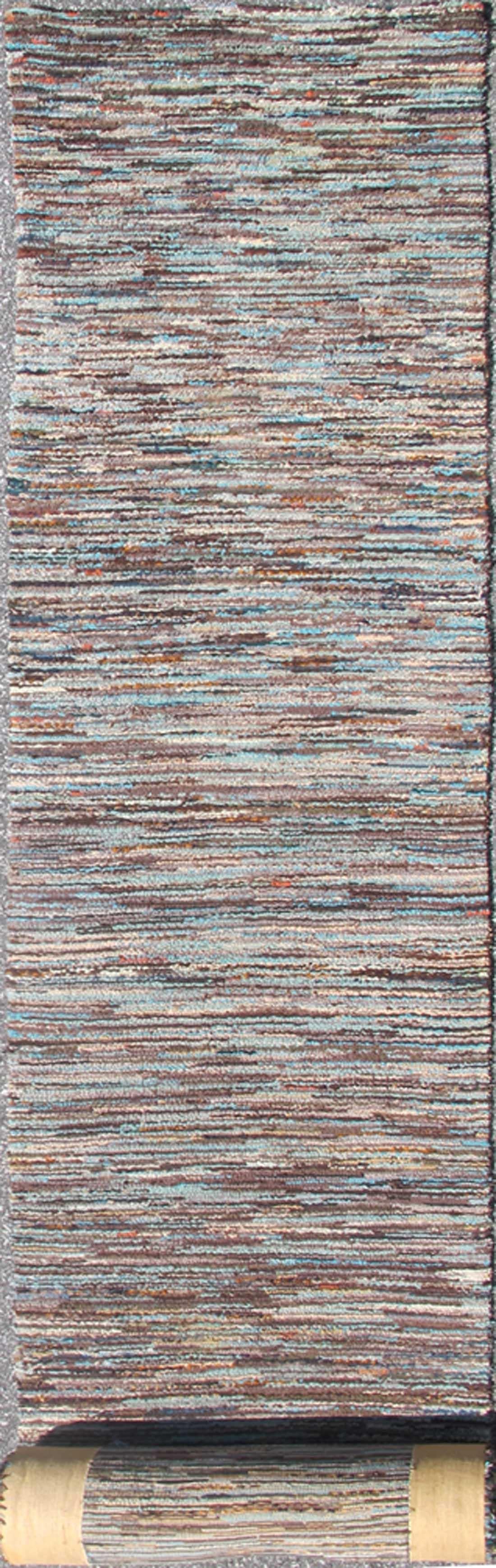 Very Long American Hooked Runner with Variegated Design in Blue, Brown and Taupe In Excellent Condition For Sale In Atlanta, GA