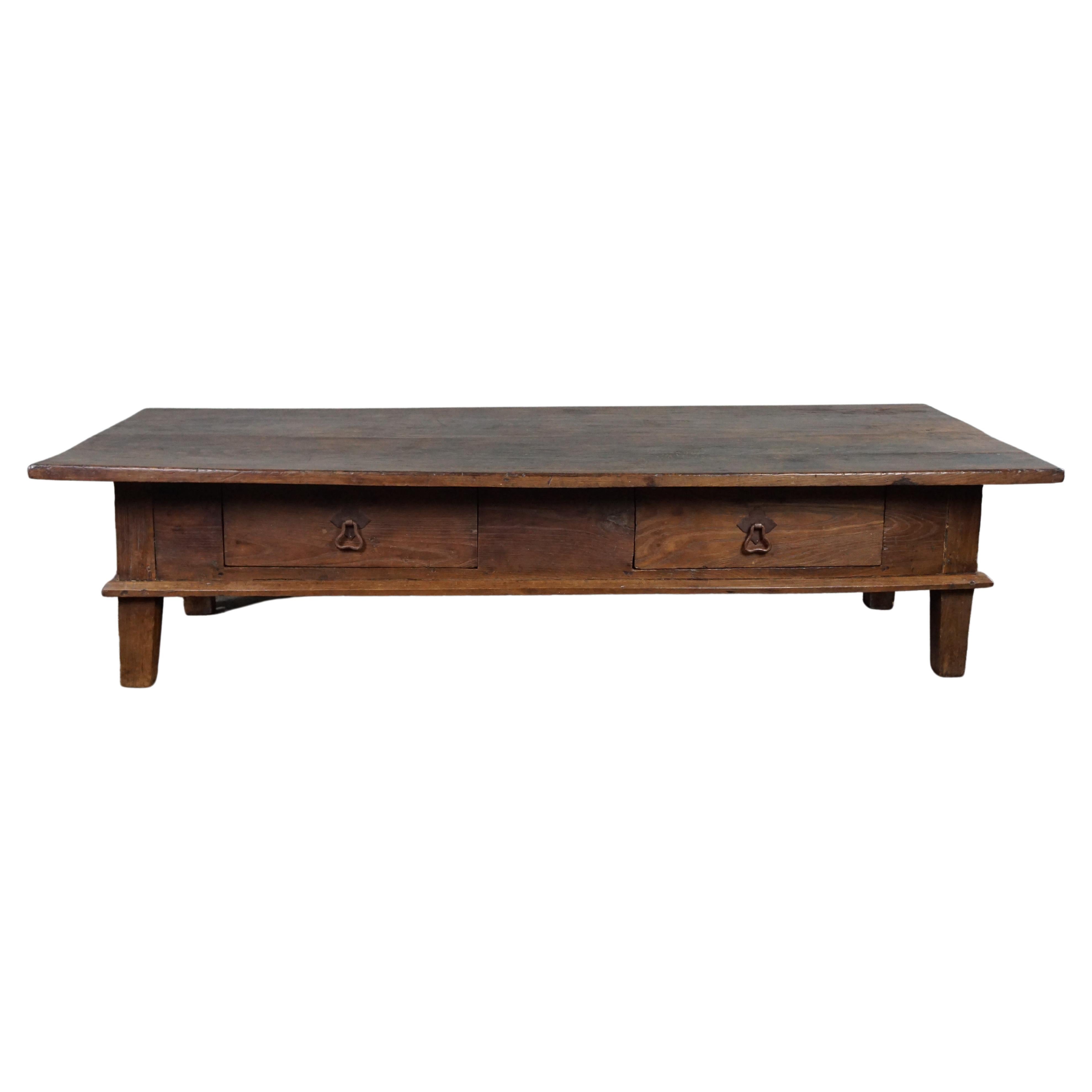 Very long antique solid oak South European coffee table, late 18th century For Sale