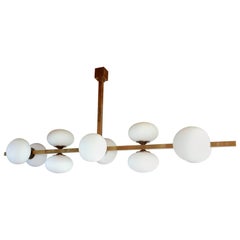 Retro Very Long Brass and White Glass Mid-Century Modern Chandelier, Italy, 1970s