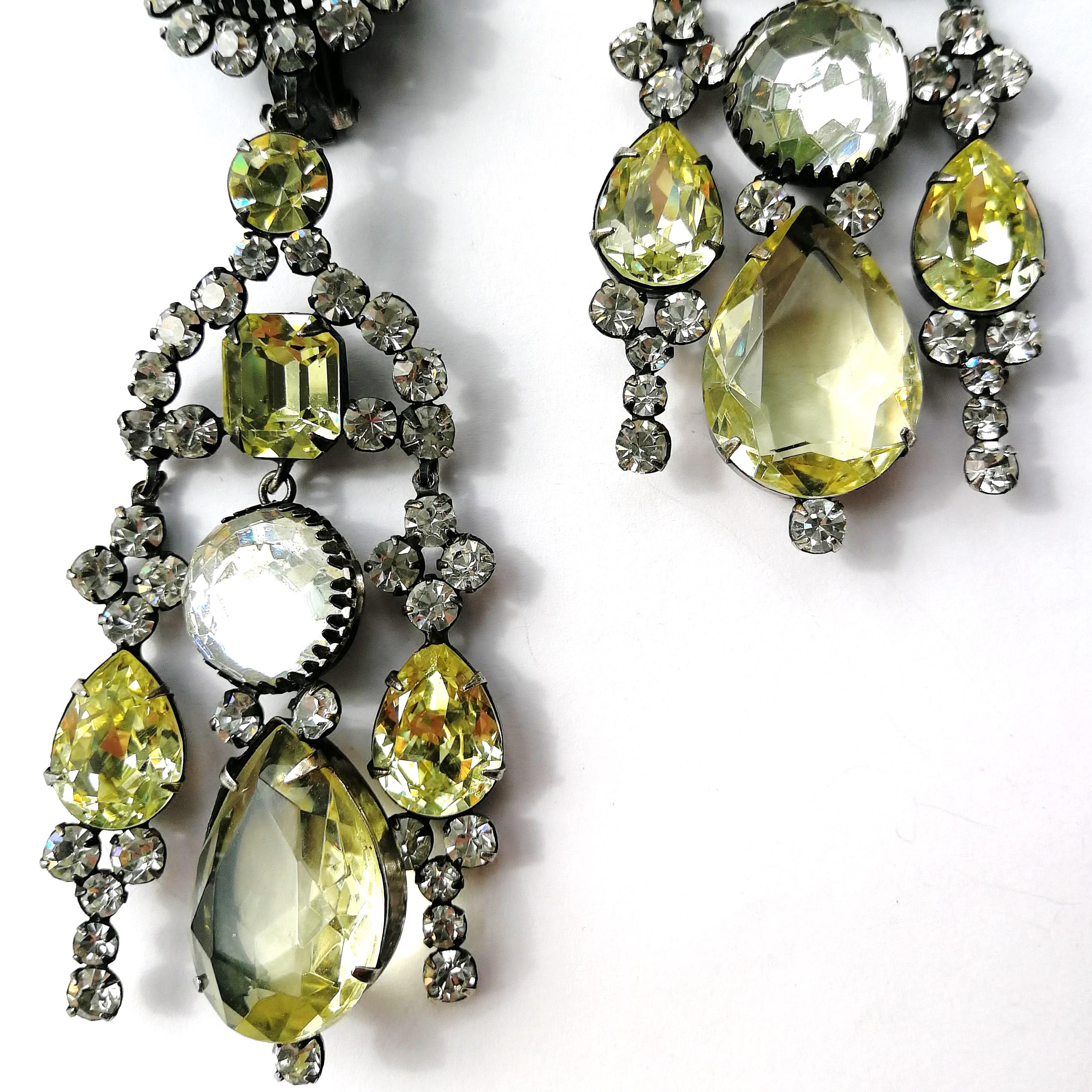 Very long clear and citrine paste drop earrings, Kenneth Jay Lane 1960s 1