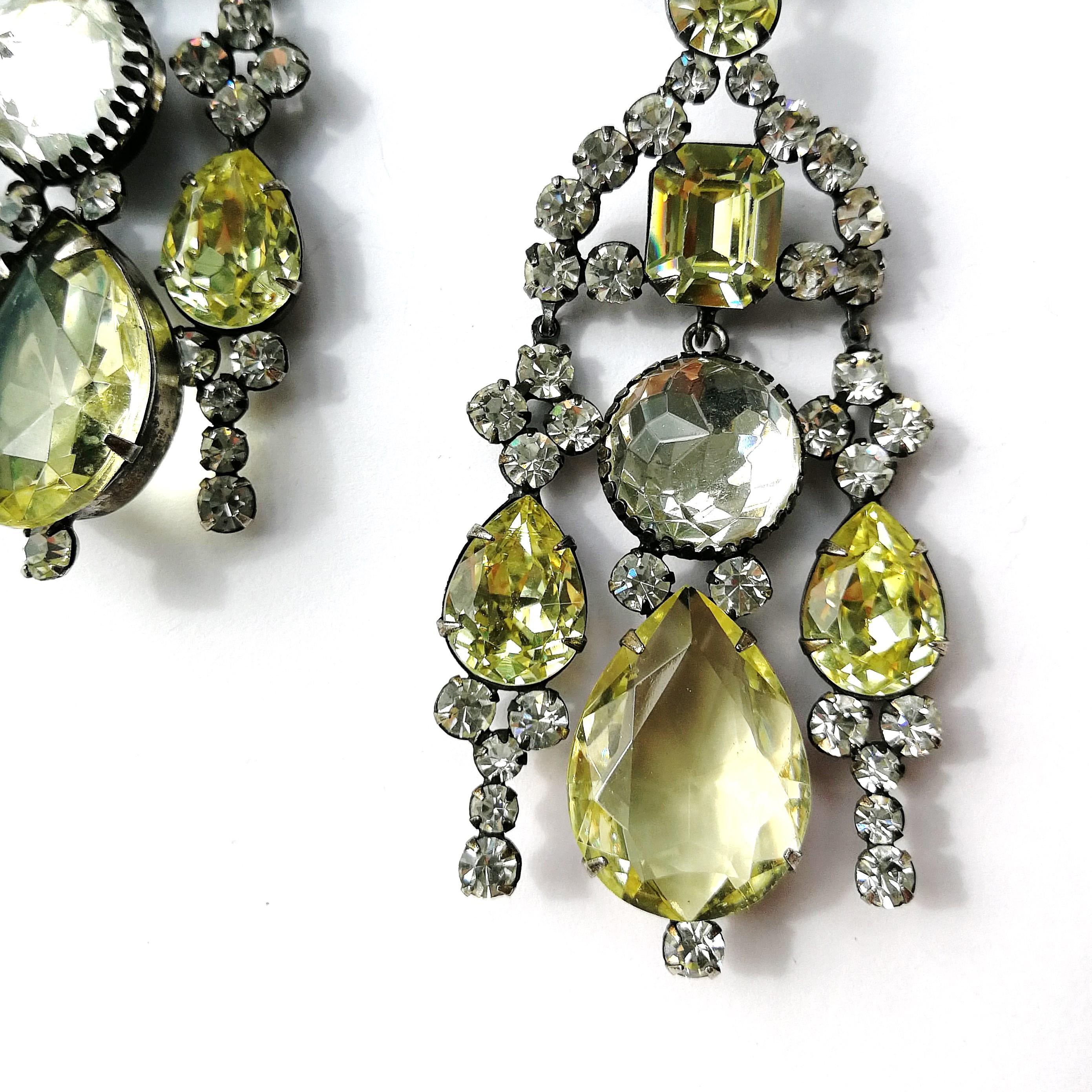 Very long clear and citrine paste drop earrings, Kenneth Jay Lane 1960s 2