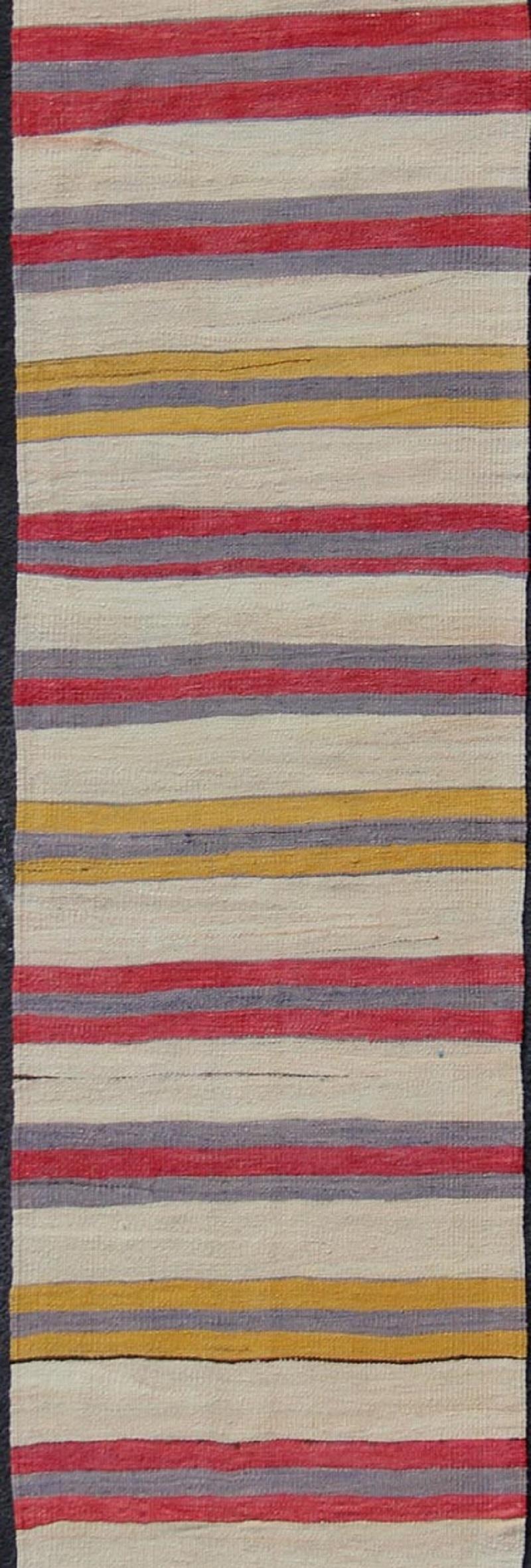Kilim Very Long Colorful Vintage Turkish Flat-Weave Runner with Dynamic Stripe Design For Sale