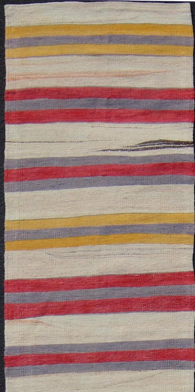 Hand-Woven Very Long Colorful Vintage Turkish Flat-Weave Runner with Dynamic Stripe Design For Sale
