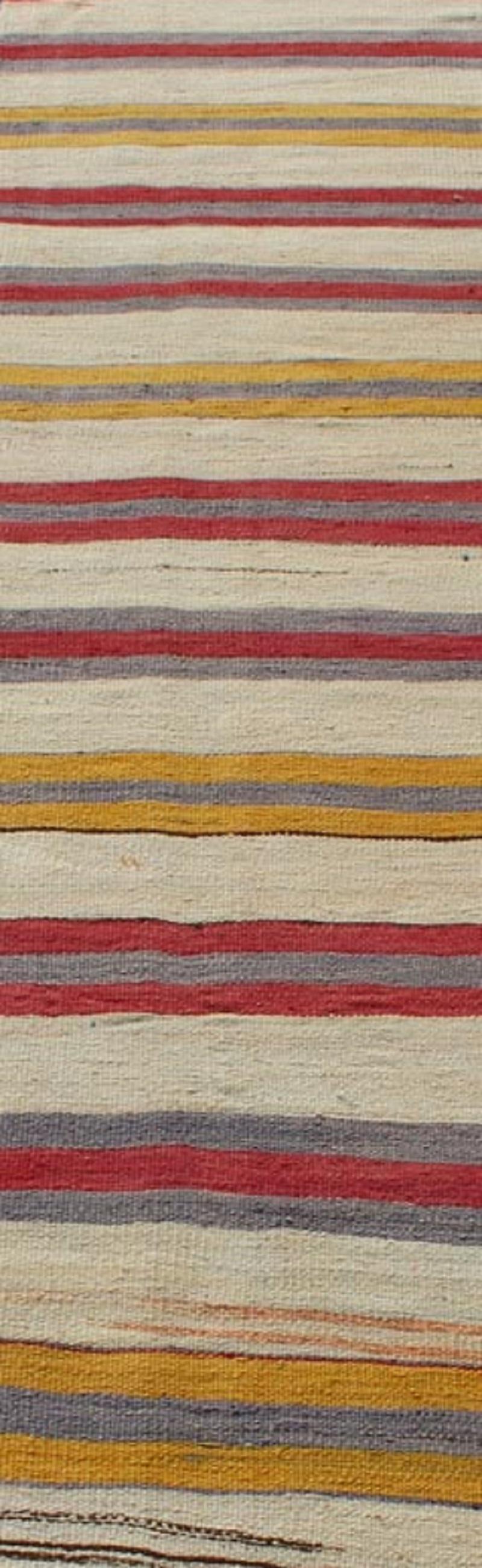 Very Long Colorful Vintage Turkish Flat-Weave Runner with Dynamic Stripe Design For Sale 1