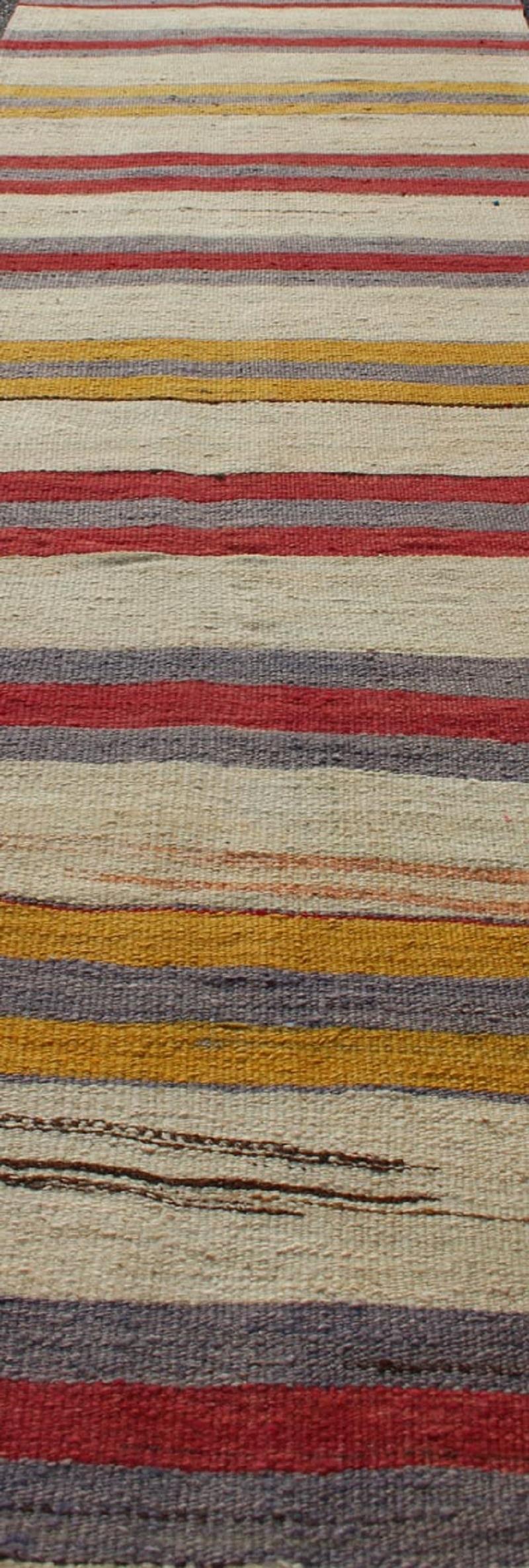 Very Long Colorful Vintage Turkish Flat-Weave Runner with Dynamic Stripe Design For Sale 2