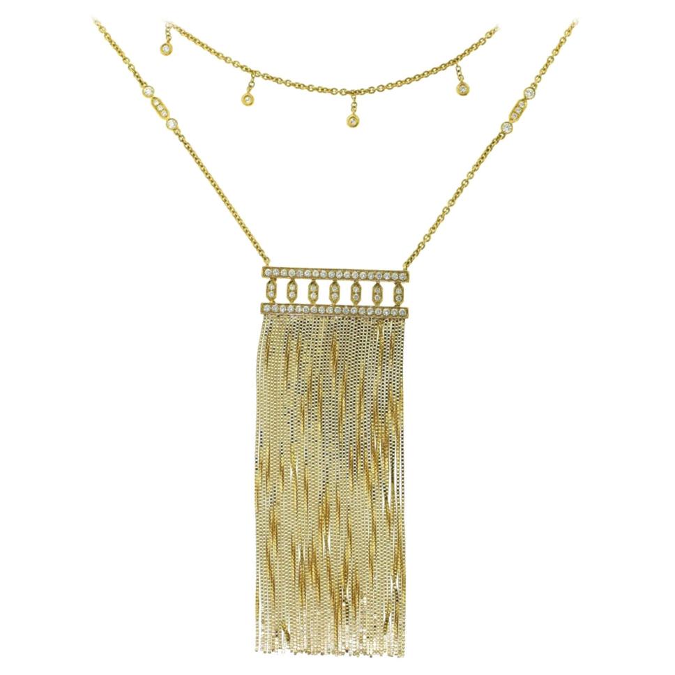 Very Long Diamond Falling Tassel Yellow Gold Necklace For Sale