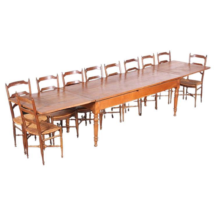 Very Long French 19th Century Cherrywood Draw-Leaf Table For Sale