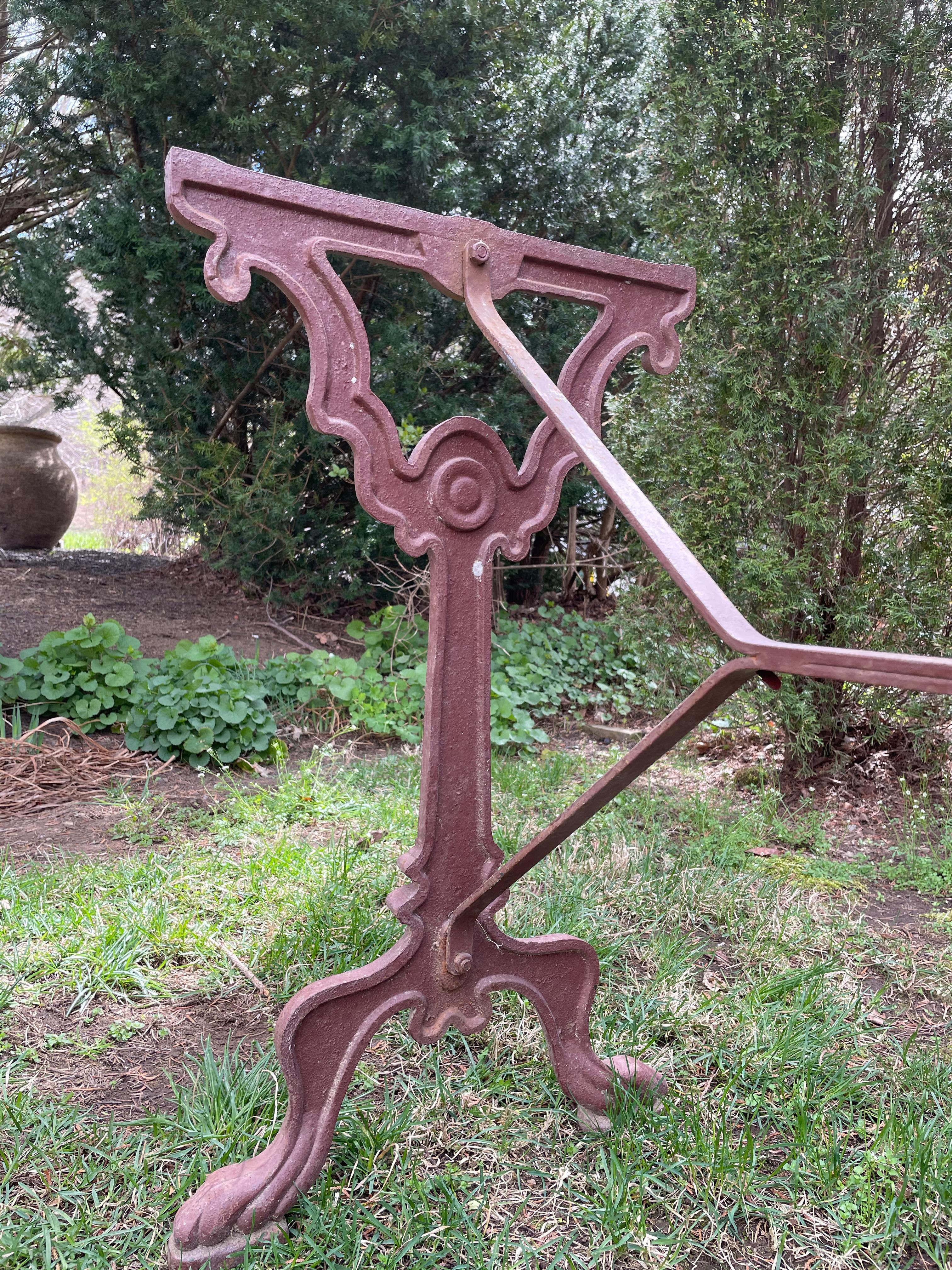 Very Long French Cast Iron Bistro Table Base in Burgundy Paint 4