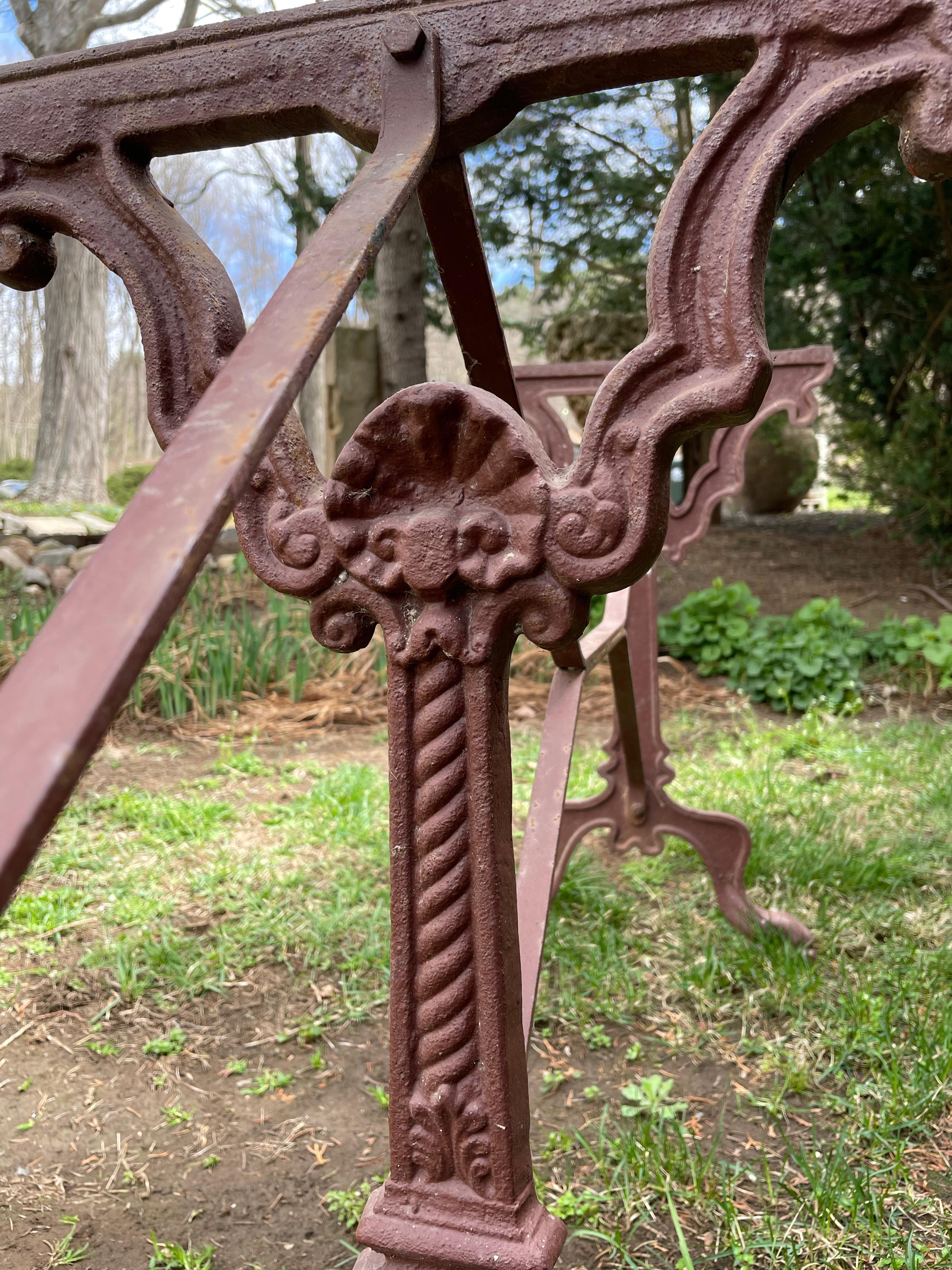 Very Long French Cast Iron Bistro Table Base in Burgundy Paint 3