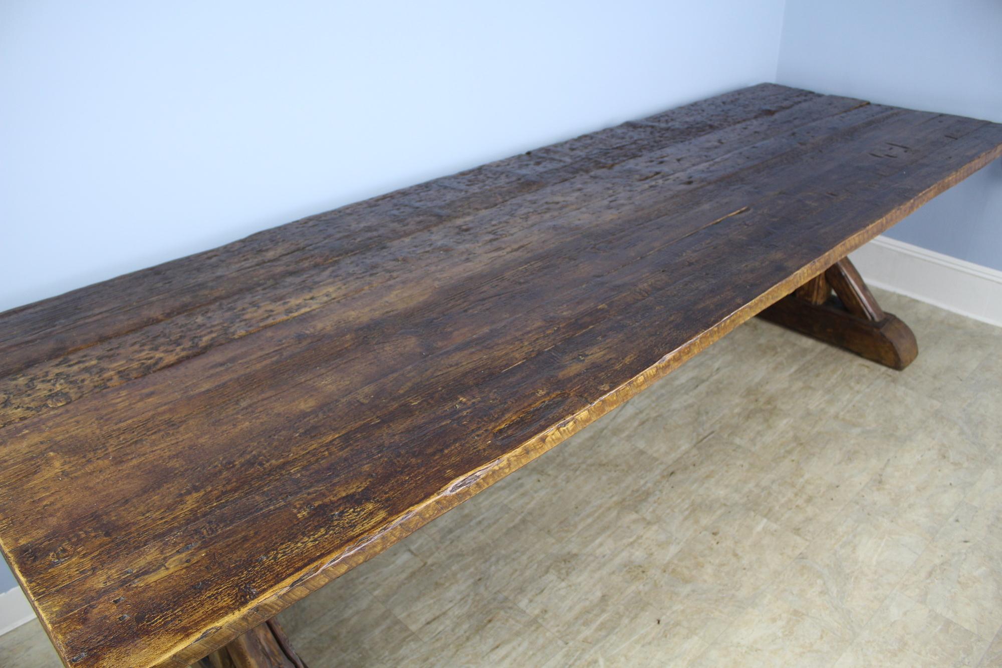Very Long French Pine Refectory Table with Trestle Base In Good Condition In Port Chester, NY
