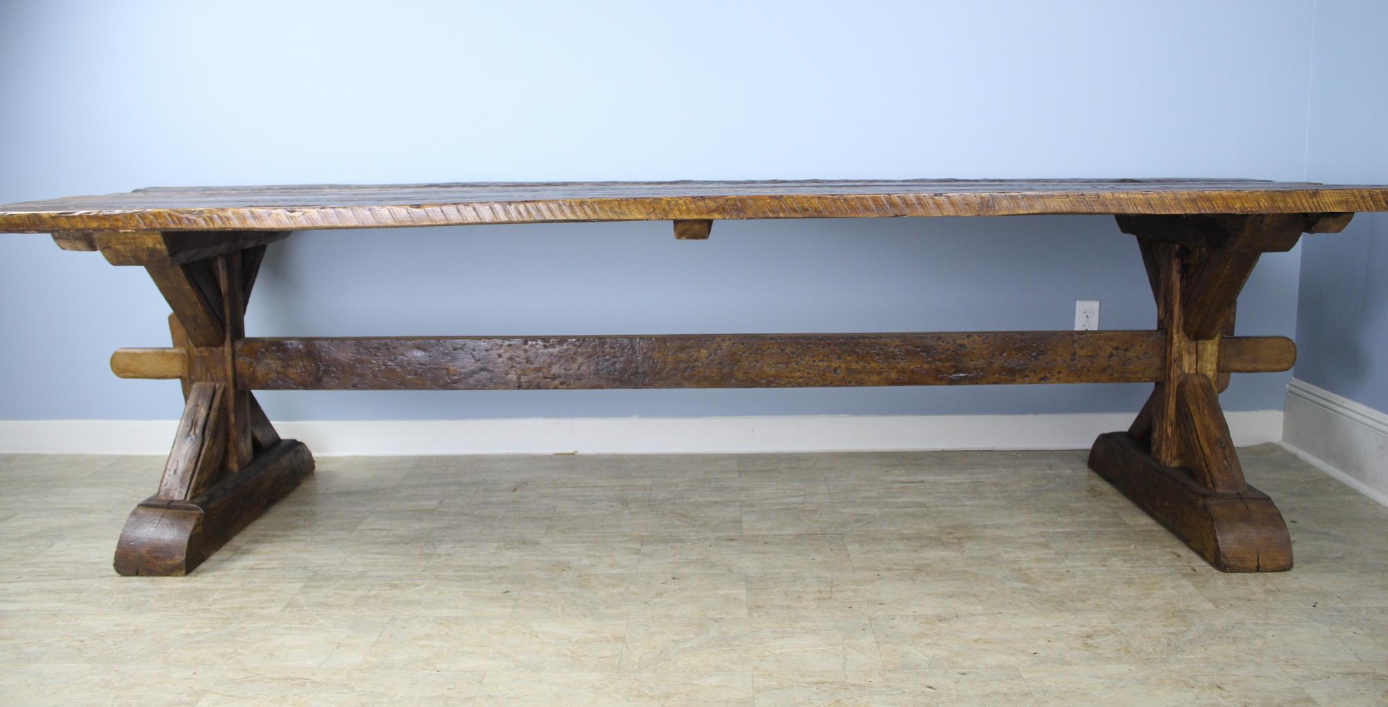 Very Long French Pine Refectory Table with Trestle Base 1