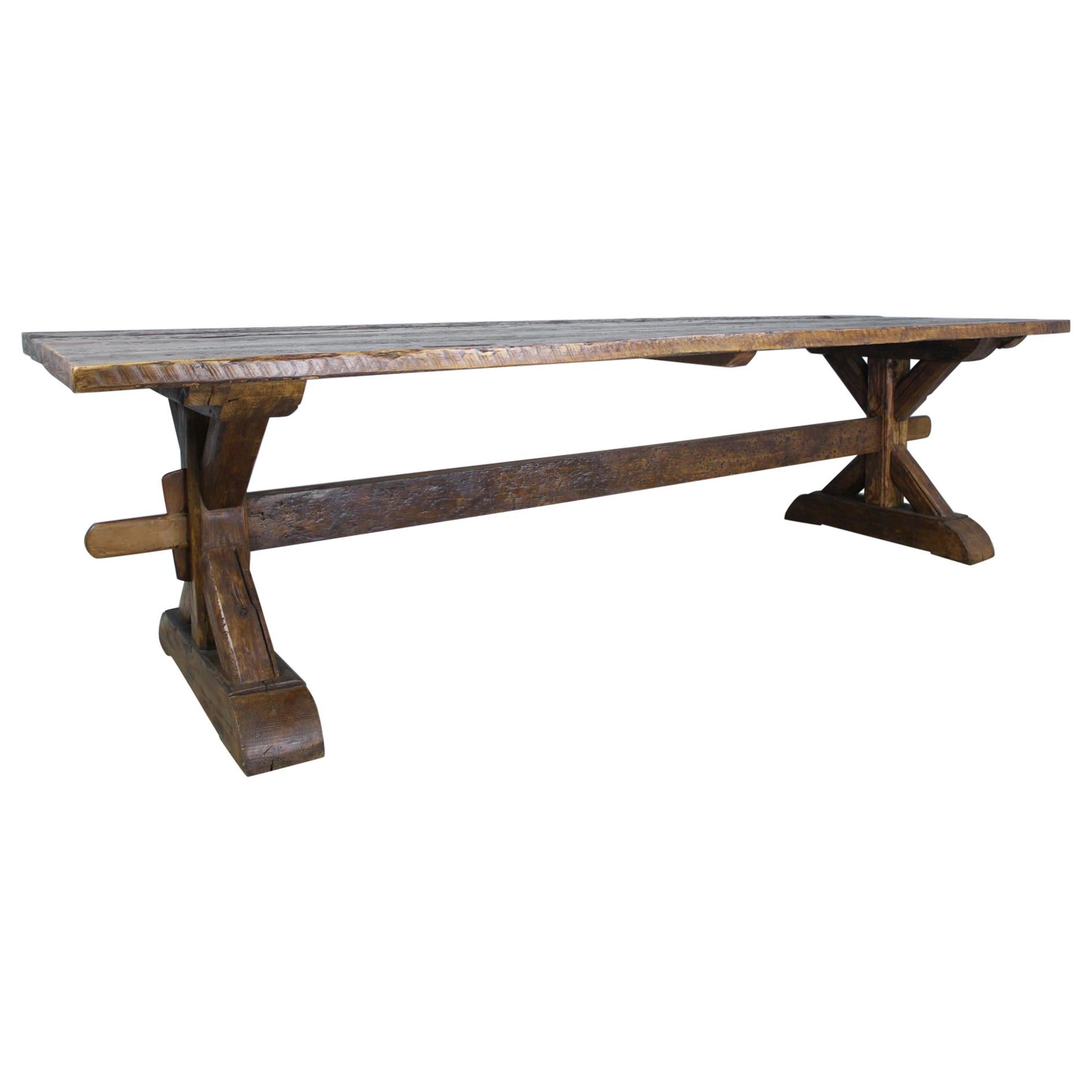 Very Long French Pine Refectory Table with Trestle Base