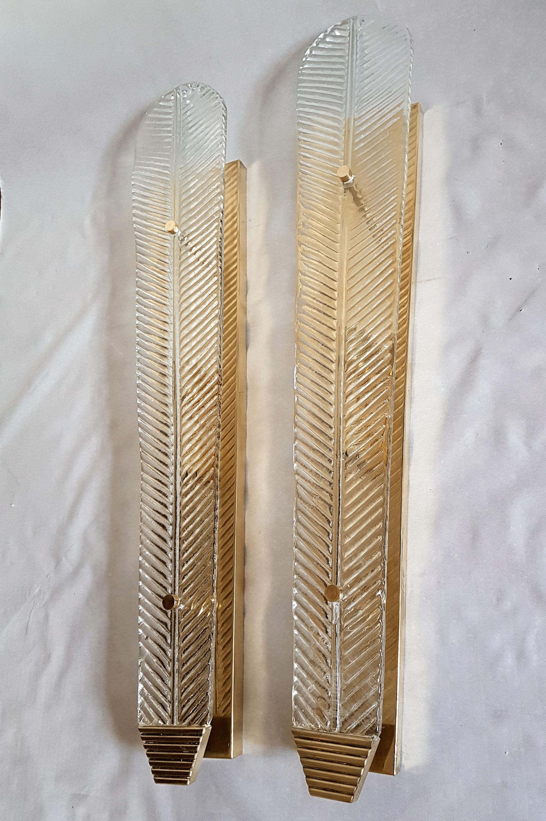 Italian Very Long Murano Clear Glass Leave Sconces, Mid-Century Modern, by Barovier 1960