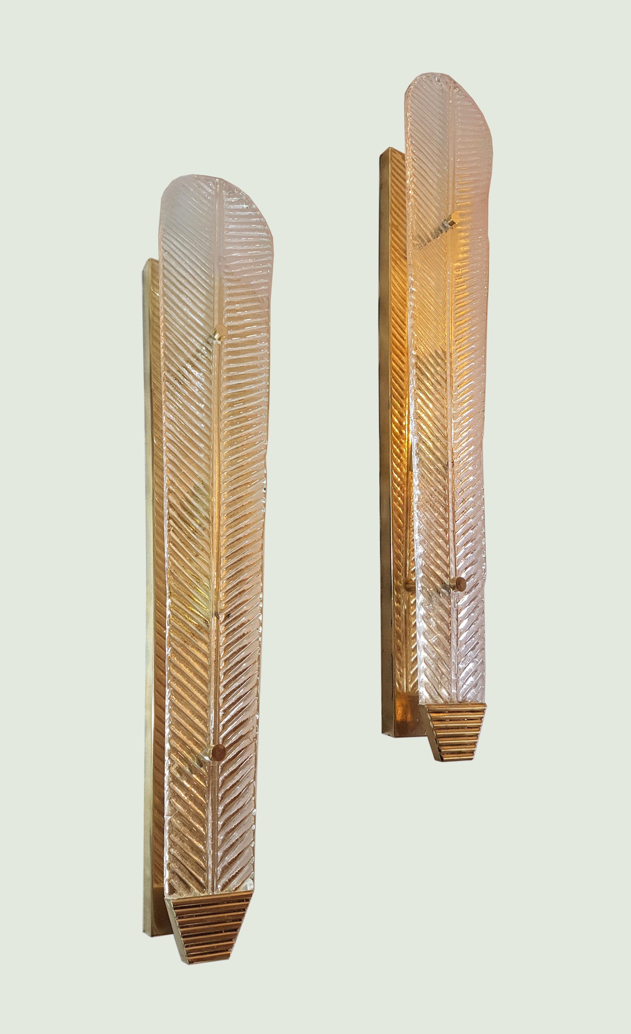 Hand-Crafted Very Long Murano Clear Glass Leave Sconces, Mid-Century Modern, by Barovier 1960