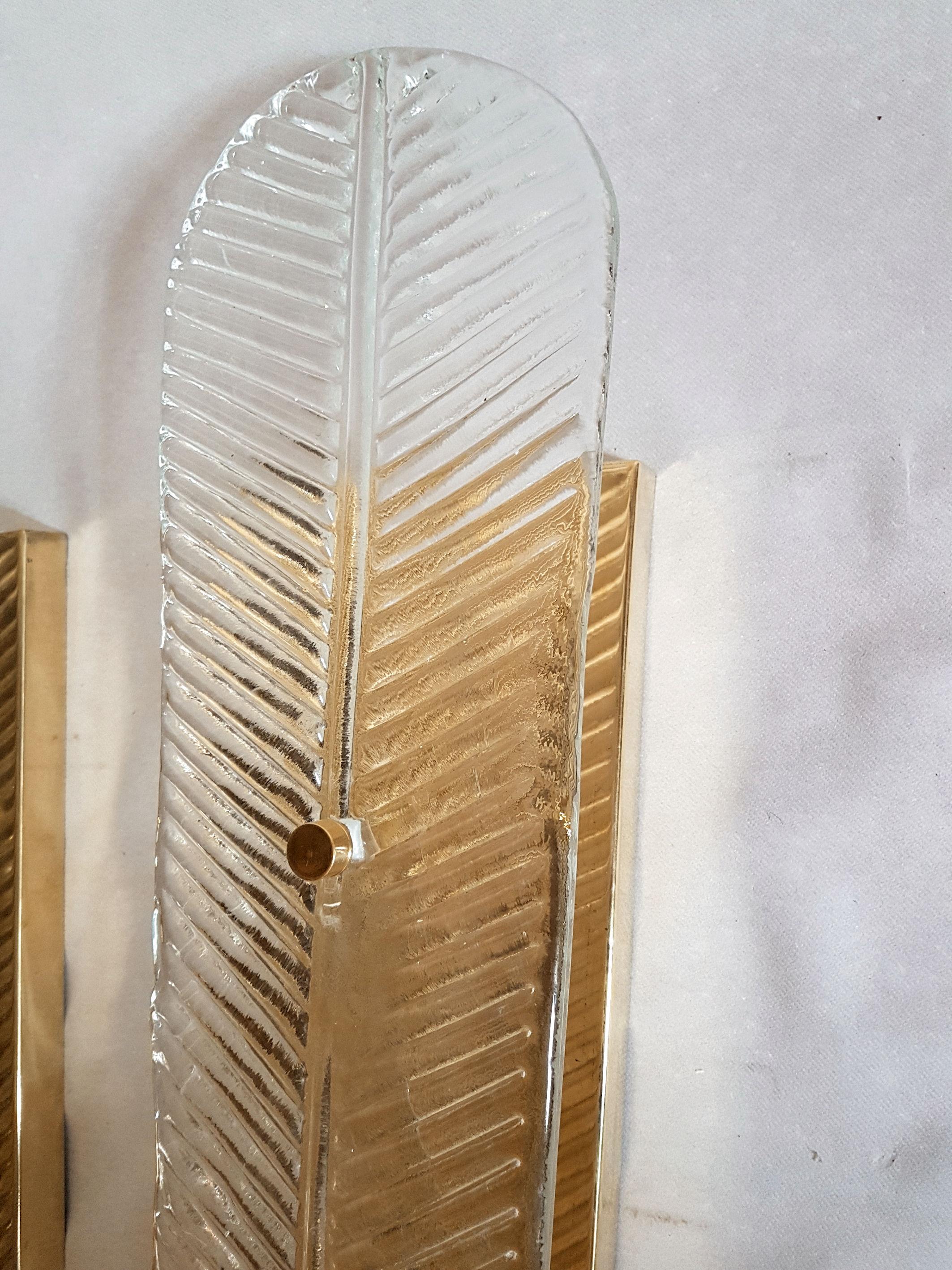 Brass Very Long Murano Clear Glass Leave Sconces, Mid-Century Modern, by Barovier 1960