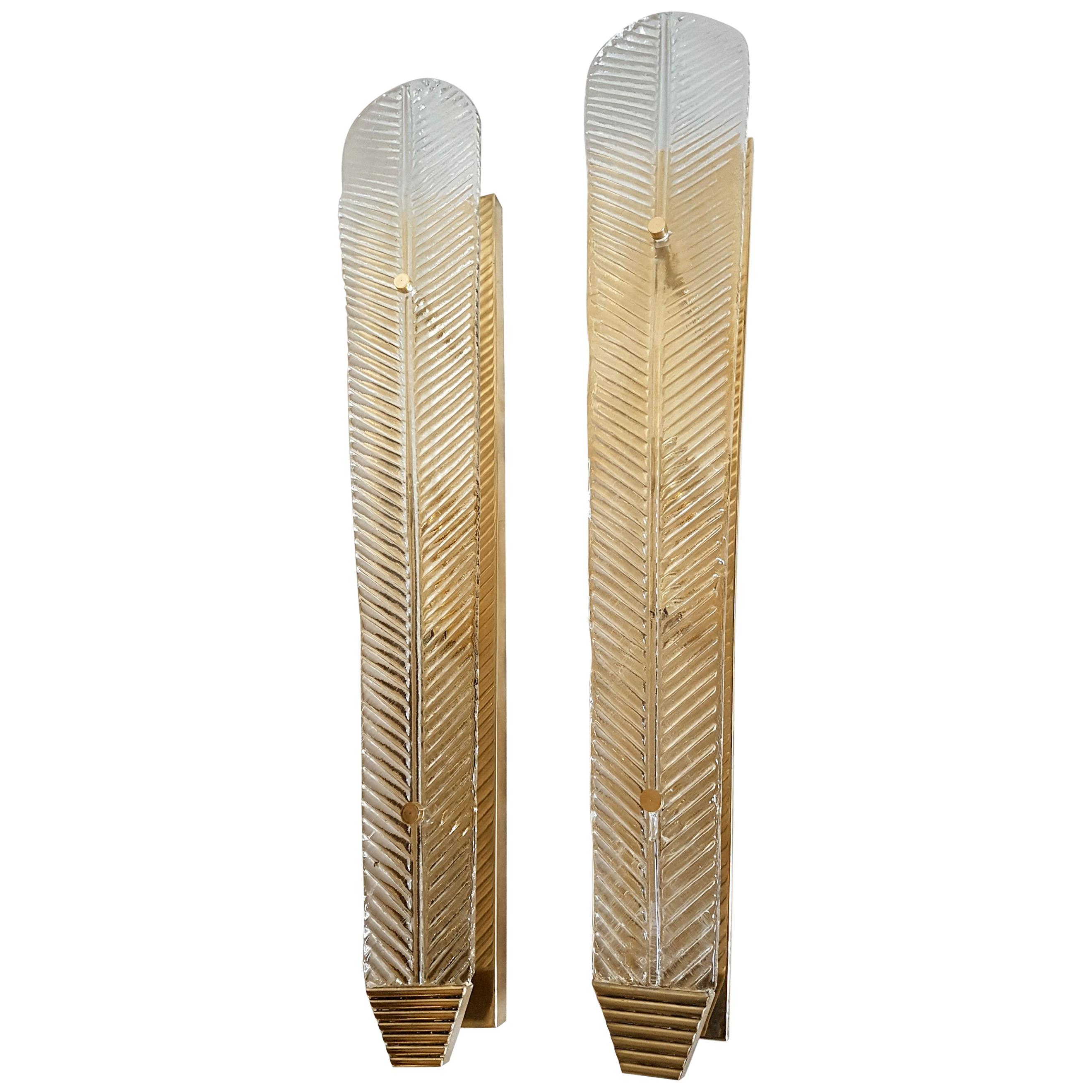 Very Long Murano Clear Glass Leave Sconces, Mid-Century Modern, by Barovier 1960