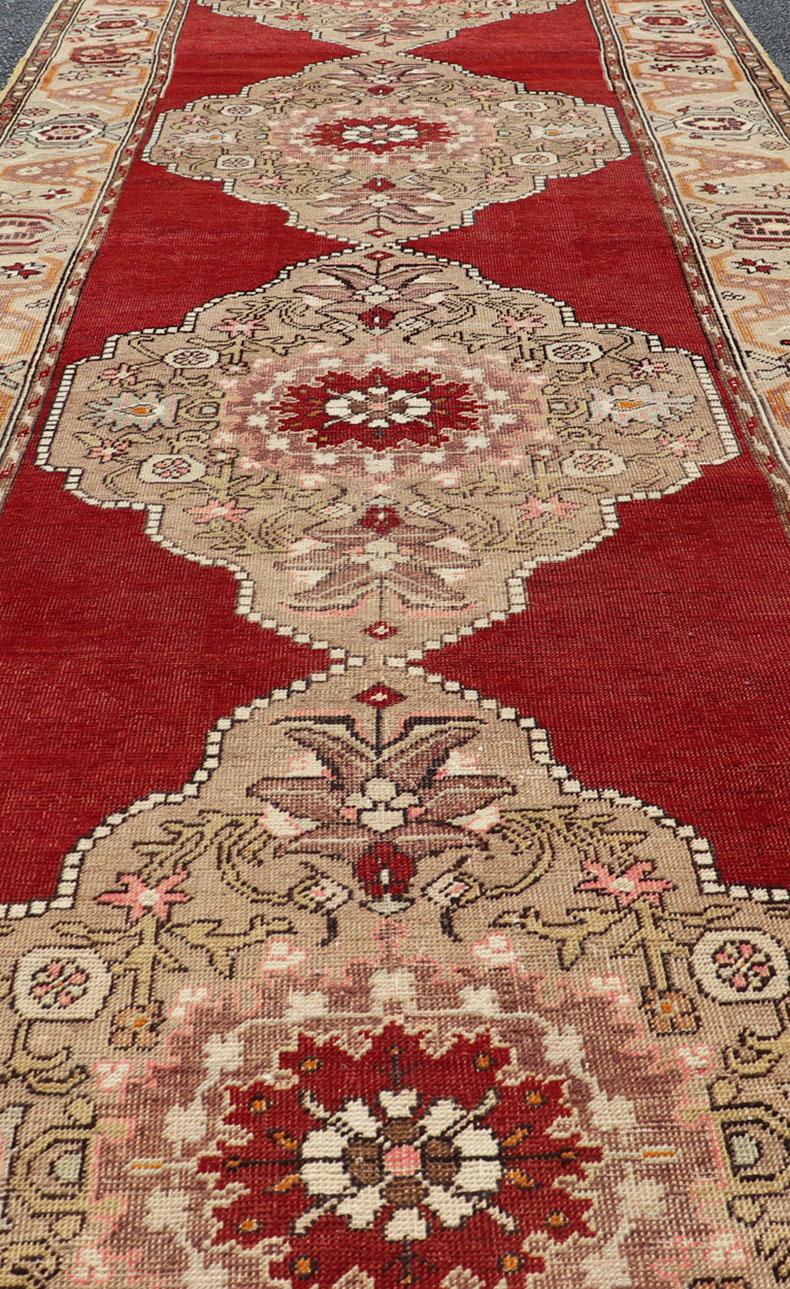 Very Long Old Turkish Oushak Runner with Floral and Geometrics in Red, Green For Sale 4