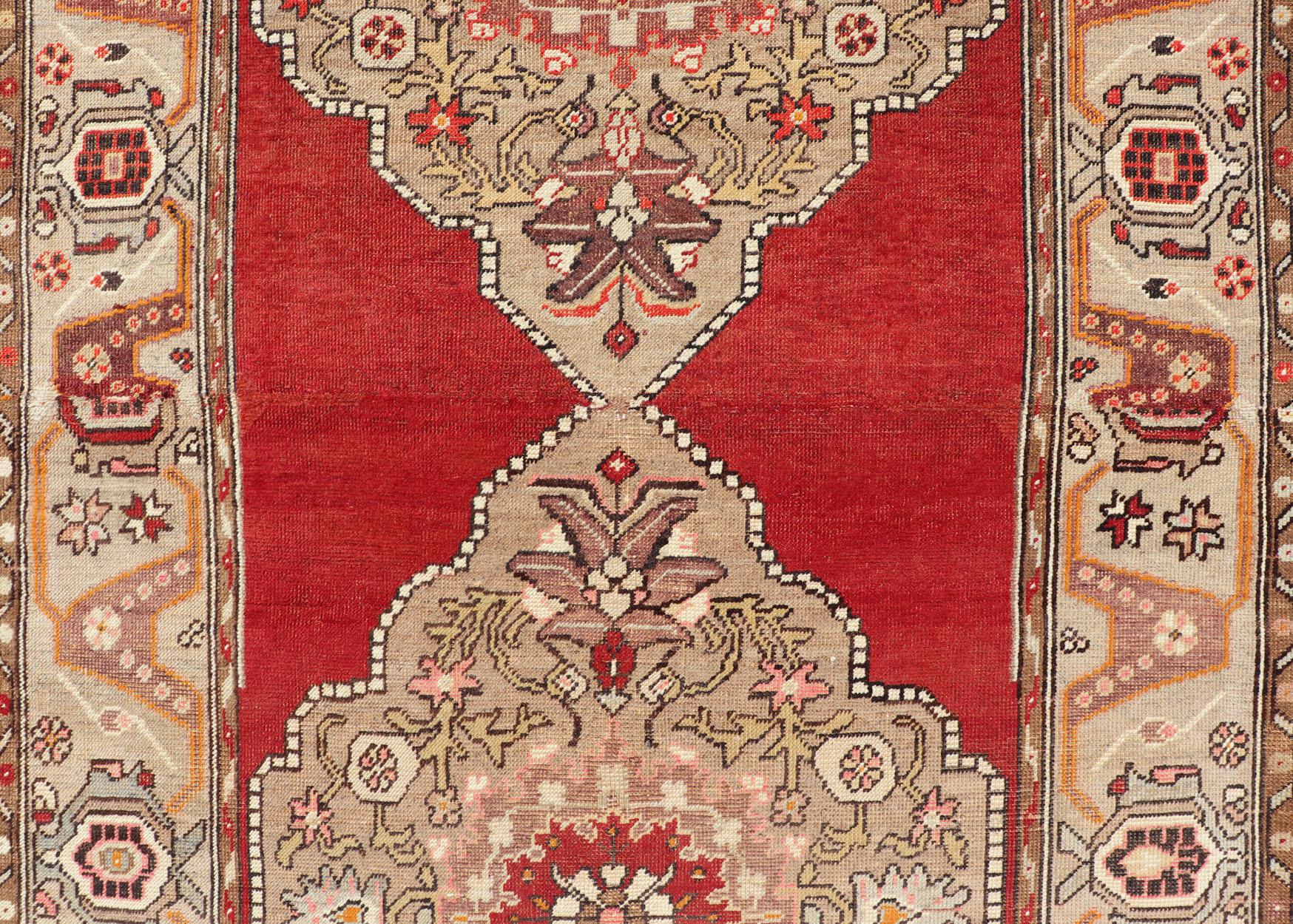 Very Long Old Turkish Oushak Runner with Floral and Geometrics in Red, Green For Sale 5