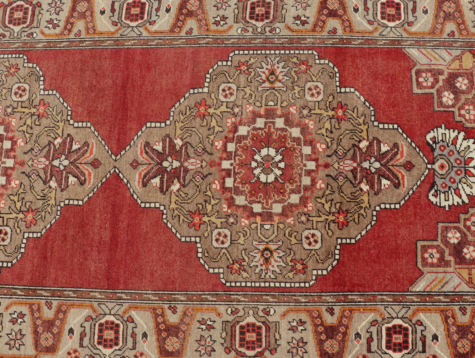 Very Long Old Turkish Oushak Runner with Floral and Geometrics in Red, Green For Sale 6