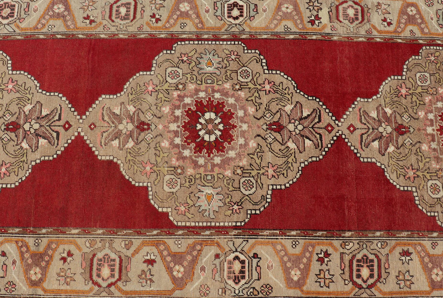 Very Long Old Turkish Oushak Runner with Floral and Geometrics in Red, Green For Sale 7