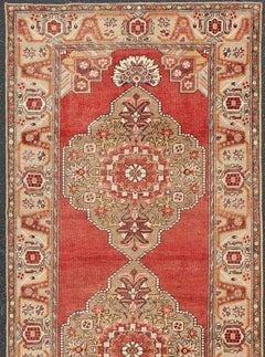 Vintage Turkish Oushak Runner Featuring Red Field and Bold Medallions with Tan