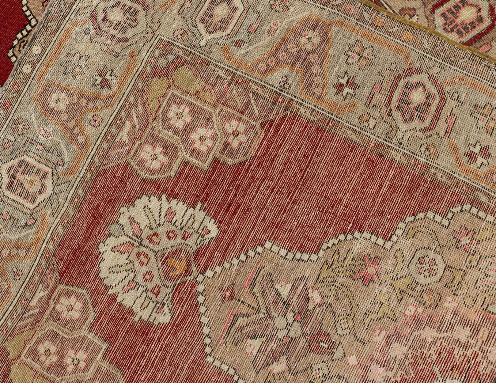 Wool Very Long Old Turkish Oushak Runner with Floral and Geometrics in Red, Green For Sale