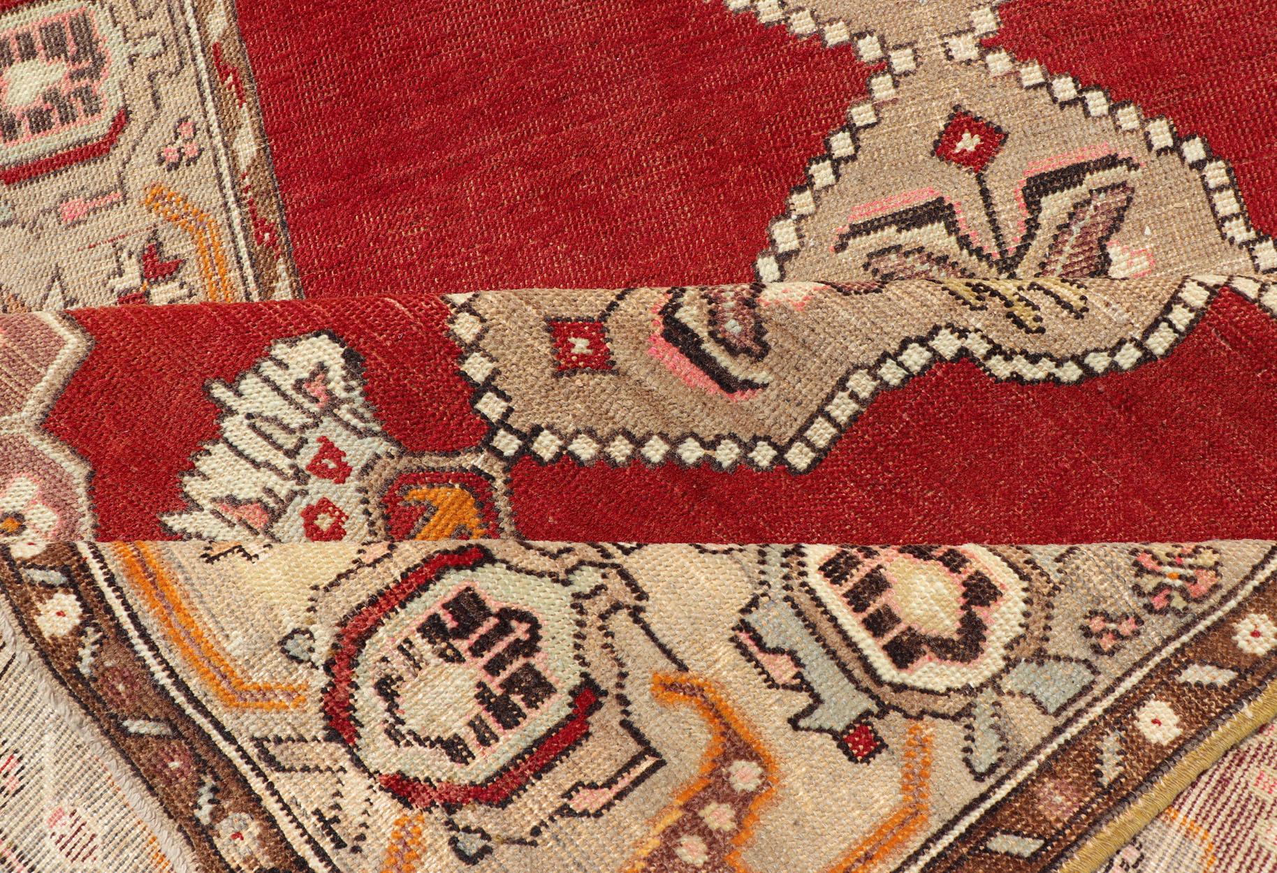 Very Long Old Turkish Oushak Runner with Floral and Geometrics in Red, Green For Sale 1
