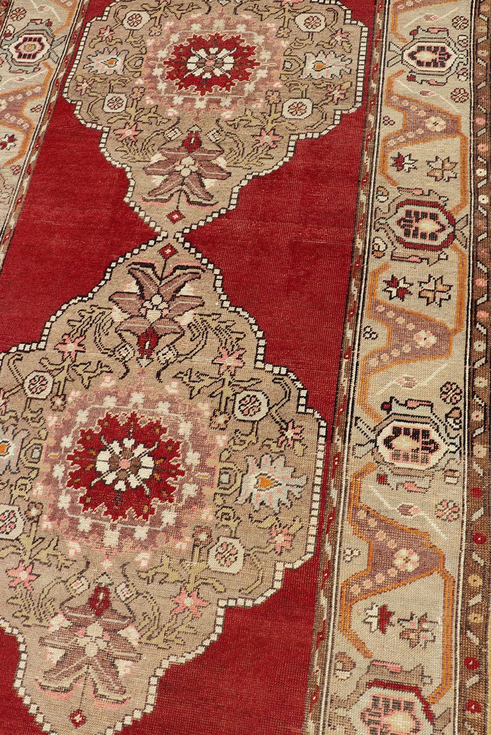 Very Long Old Turkish Oushak Runner with Floral and Geometrics in Red, Green For Sale 2