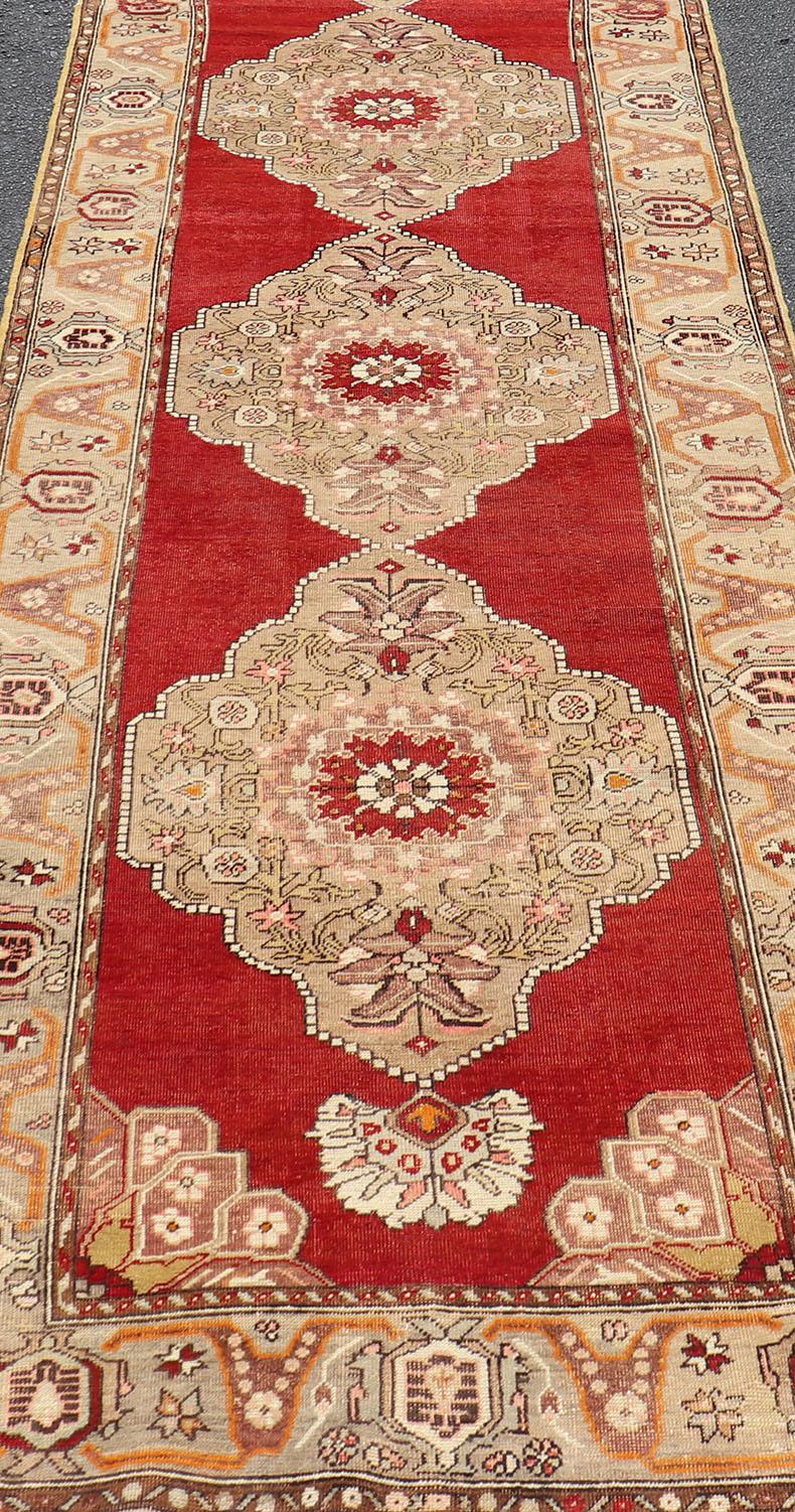 Very Long Old Turkish Oushak Runner with Floral and Geometrics in Red, Green For Sale 3