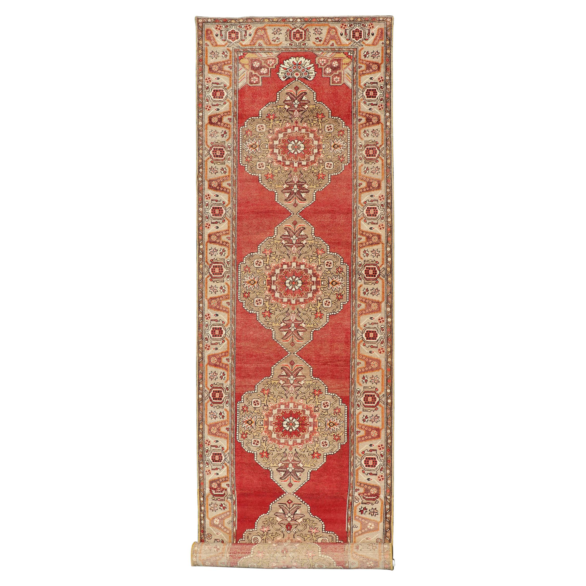 Very Long Old Turkish Oushak Runner with Floral and Geometrics in Red, Green For Sale