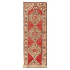 Vintage Very Long Old Turkish Oushak Runner with Floral and Geometrics in Red, Green