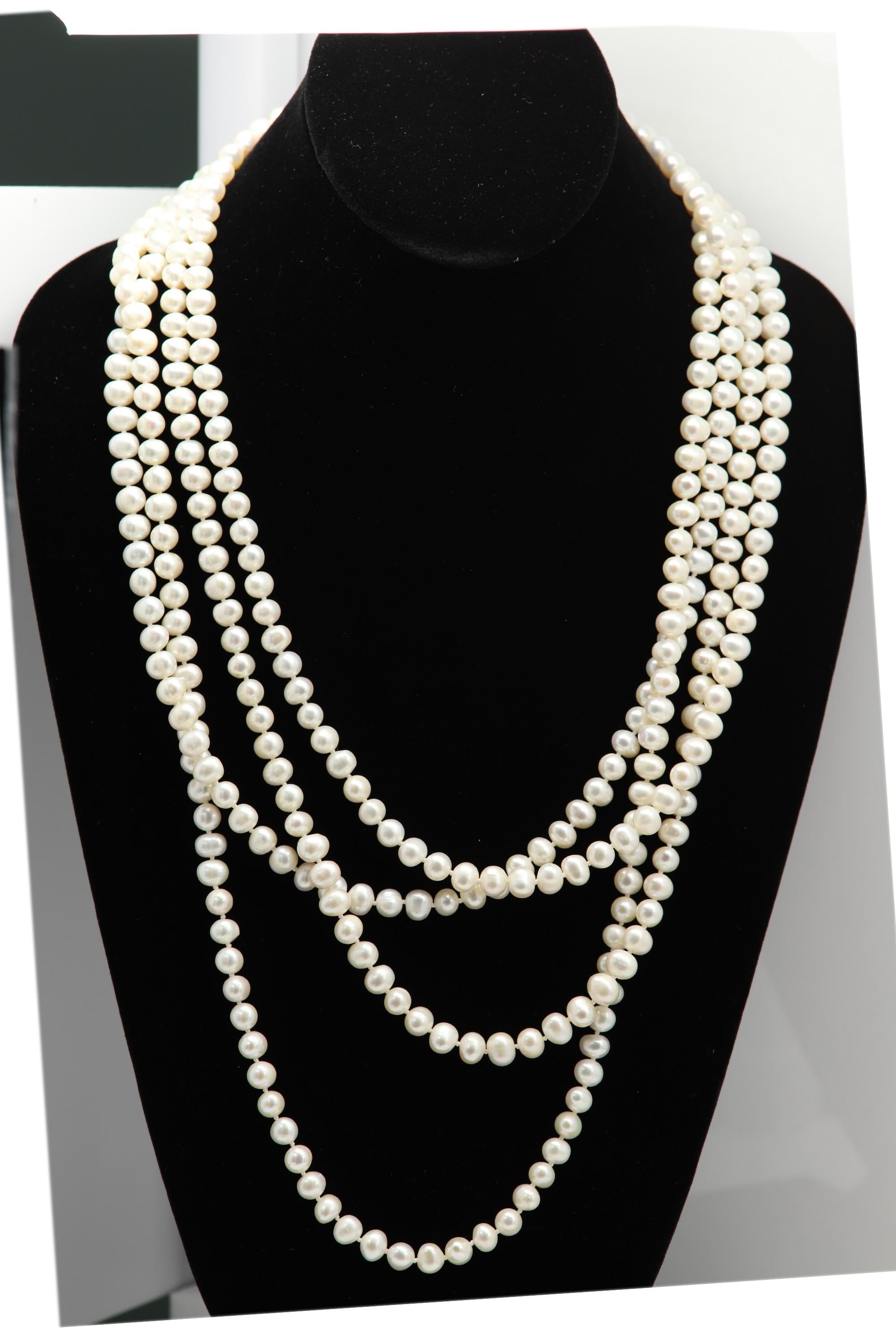 Very Long Trendy Pearl Necklace
100' Inch Long
Great Gift !
Fresh Water Pearls with Nice Luster.
Each Pearl size is approx 6-7 mm
Many ways to wear it can be folded many times 
Multiple Trends all in one Pearl String.
Have fun and change your look