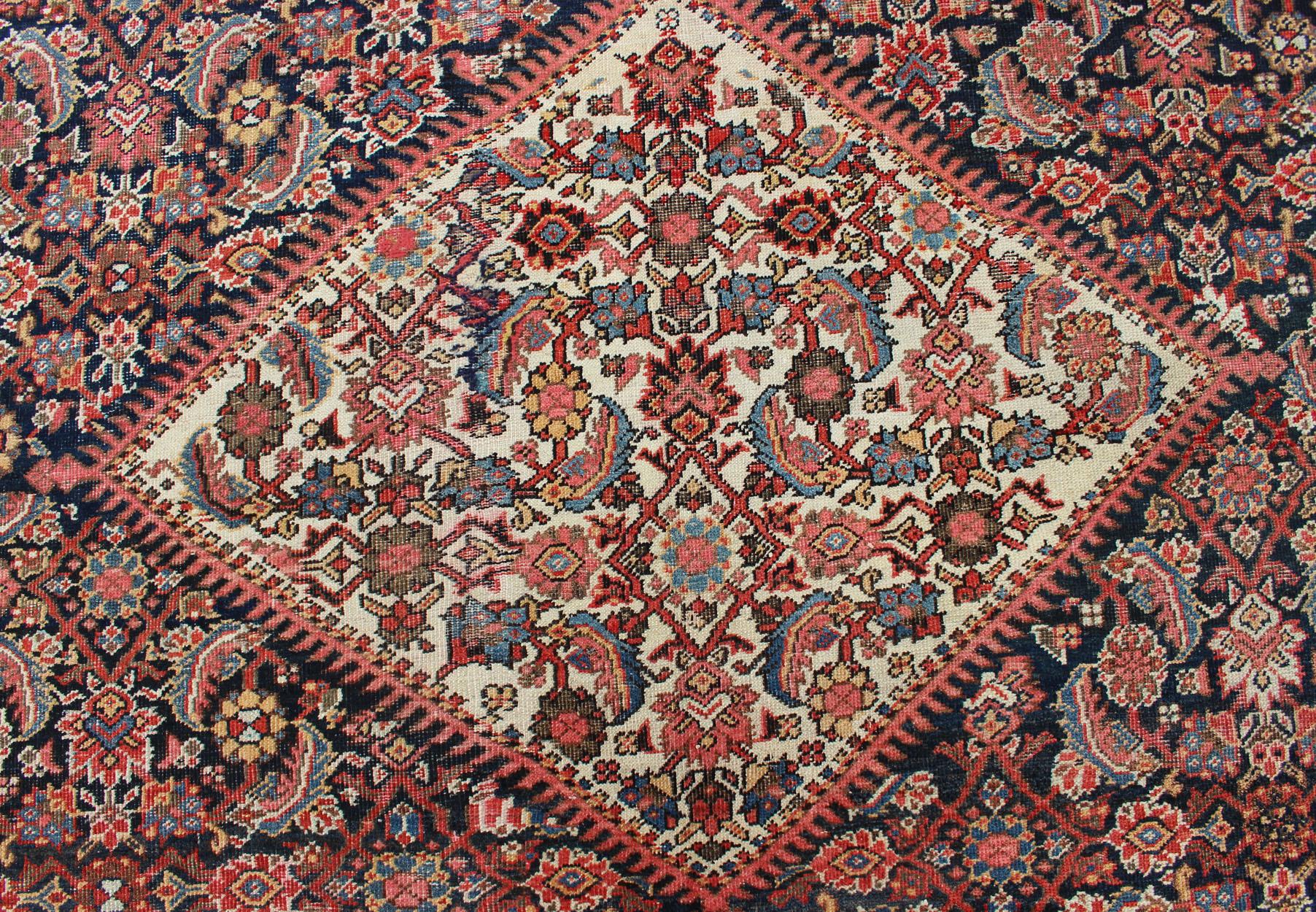 Very Long Persian Sultanabad Rug with Herati Design in Dark Blue and Red 7