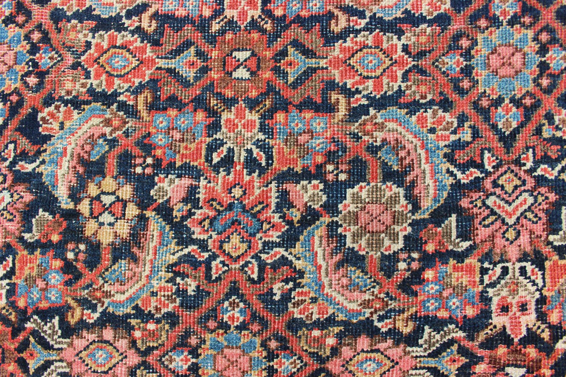 Very Long Persian Sultanabad Rug with Herati Design in Dark Blue and Red 8