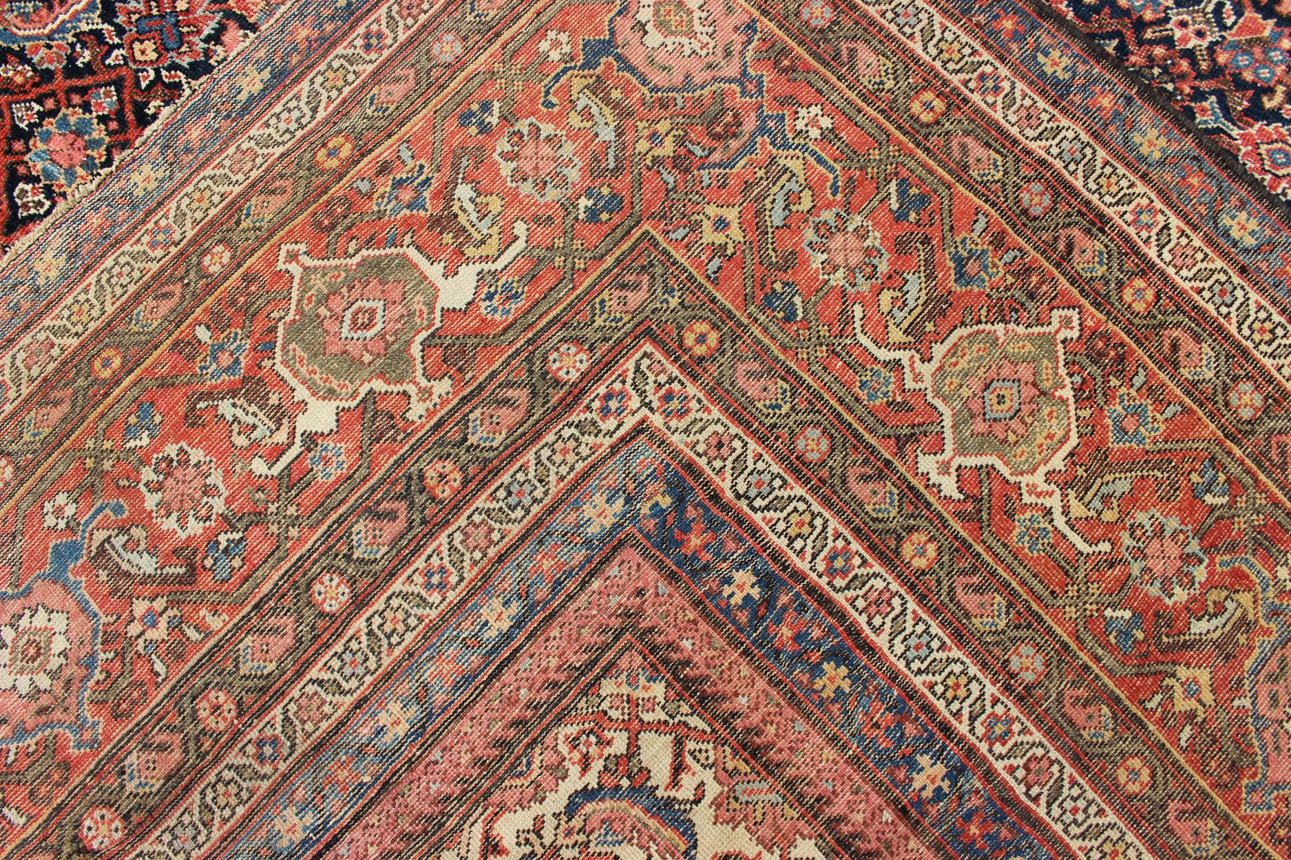 Very Long Persian Sultanabad Rug with Herati Design in Dark Blue and Red 9