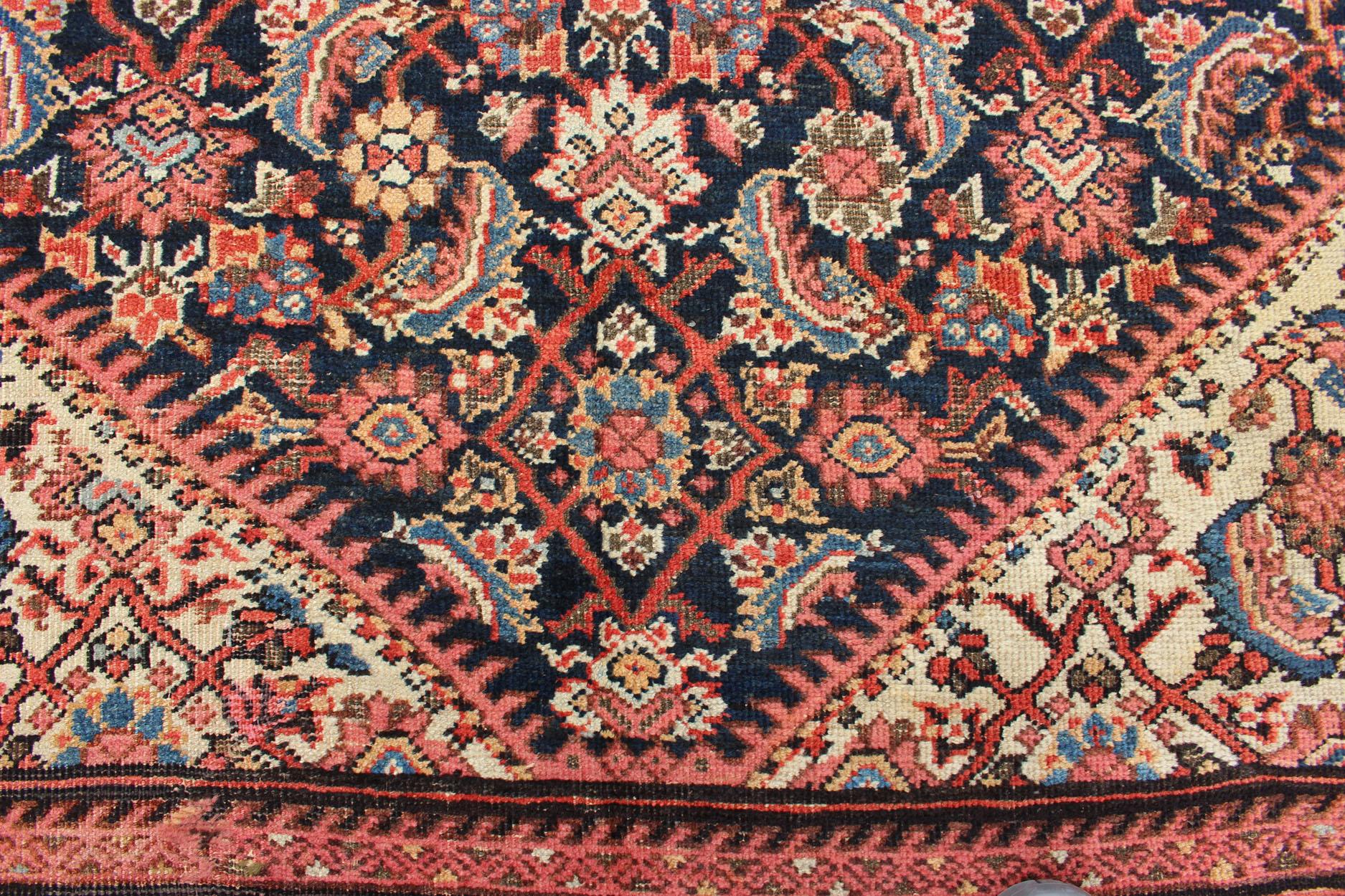 Very Long Persian Sultanabad Rug with Herati Design in Dark Blue and Red 11