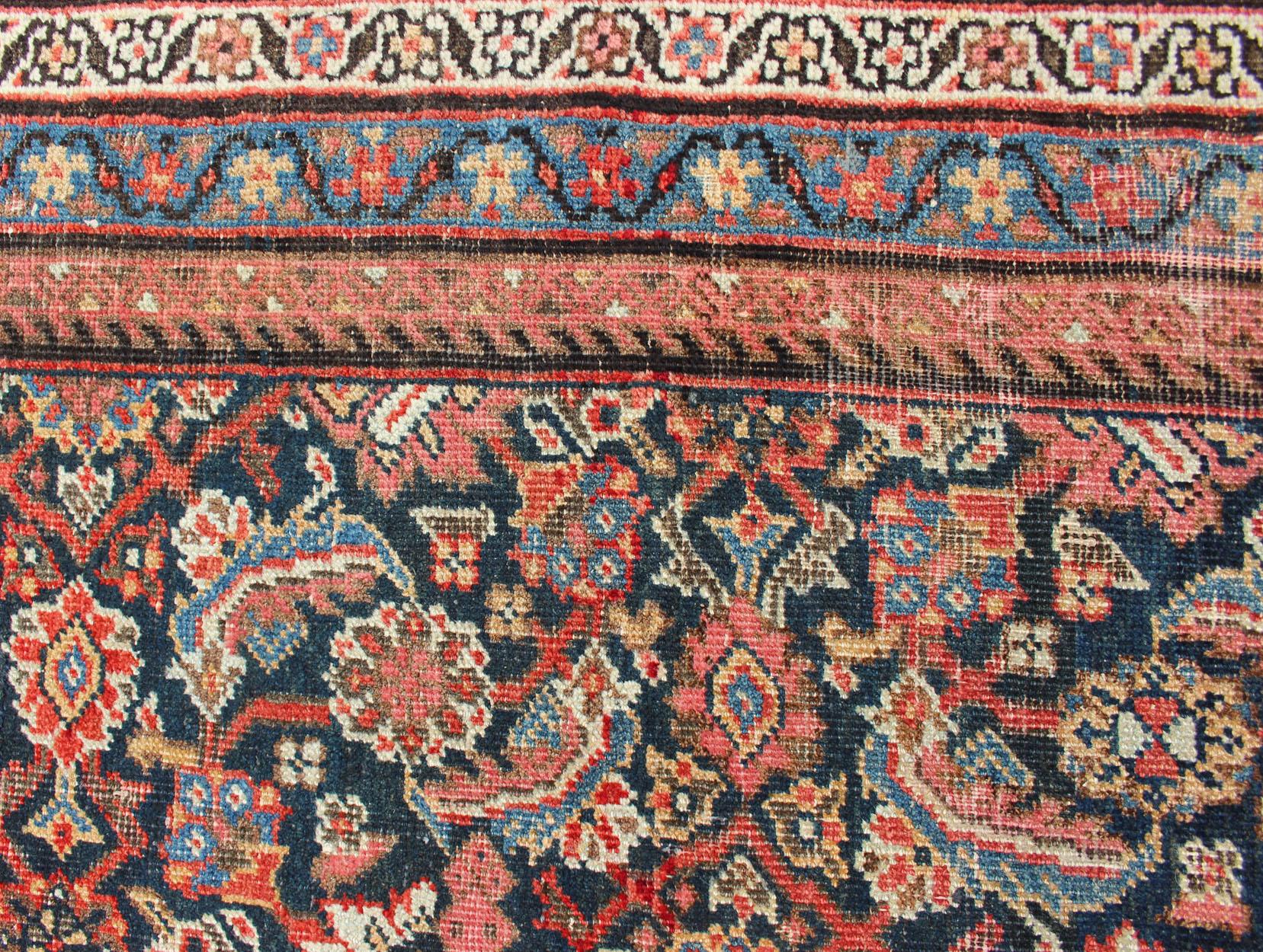Very Long Persian Sultanabad Rug with Herati Design in Dark Blue and Red 12