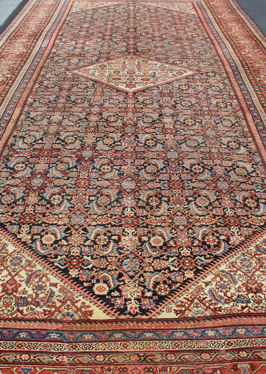 Very Long Persian Sultanabad Rug with Herati Design in Dark Blue and Red 13