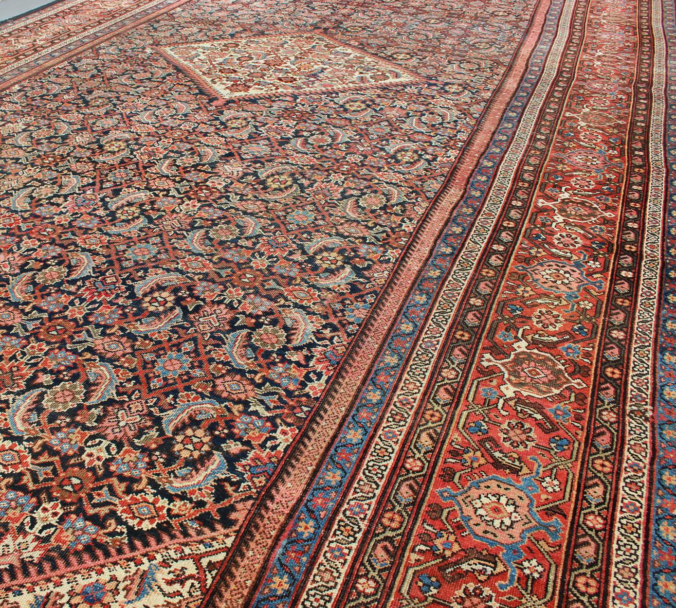 Very Long Persian Sultanabad Rug with Herati Design in Dark Blue and Red 14
