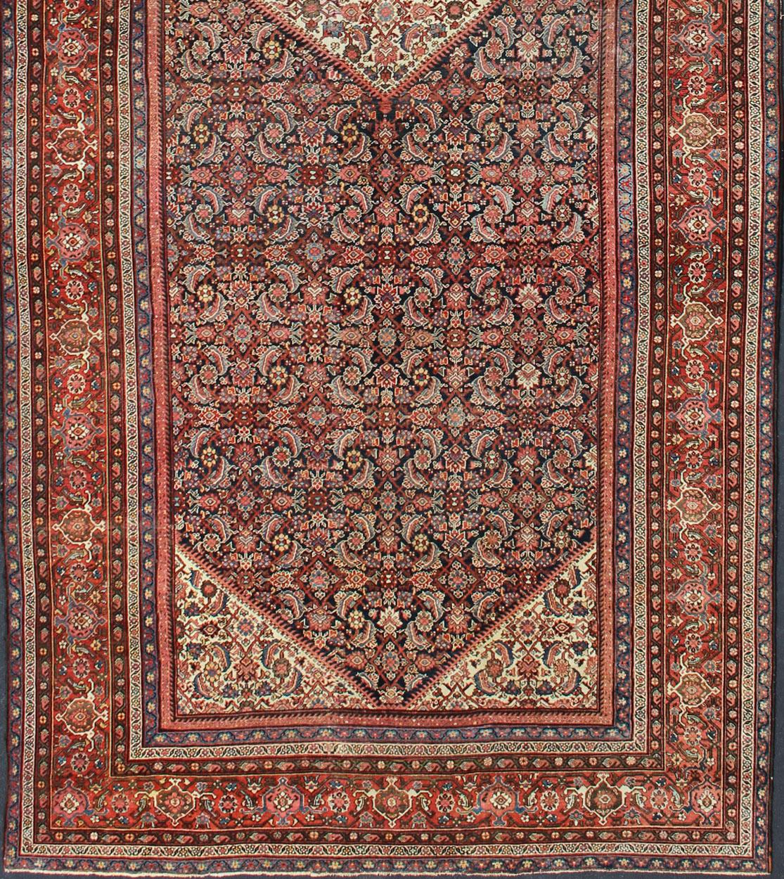 Hand-Knotted Very Long Persian Sultanabad Rug with Herati Design in Dark Blue and Red